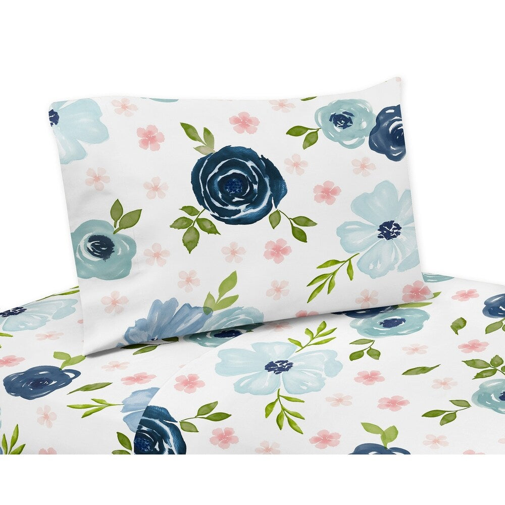 4-teiliges Queen-Bettlaken-Set mit Aquarellblumen in Marineblau und Rosa – Shabby Chic-Rosenblüte in Blush, Grün und Weiß