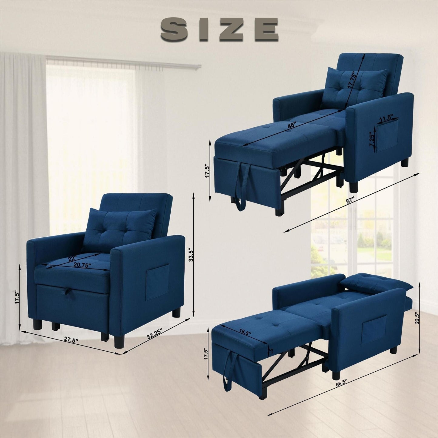 Navy Modern 27.5 3 in 1 Single Convertible Sofa Bed with Adjustable Back and Pillow for Living Room