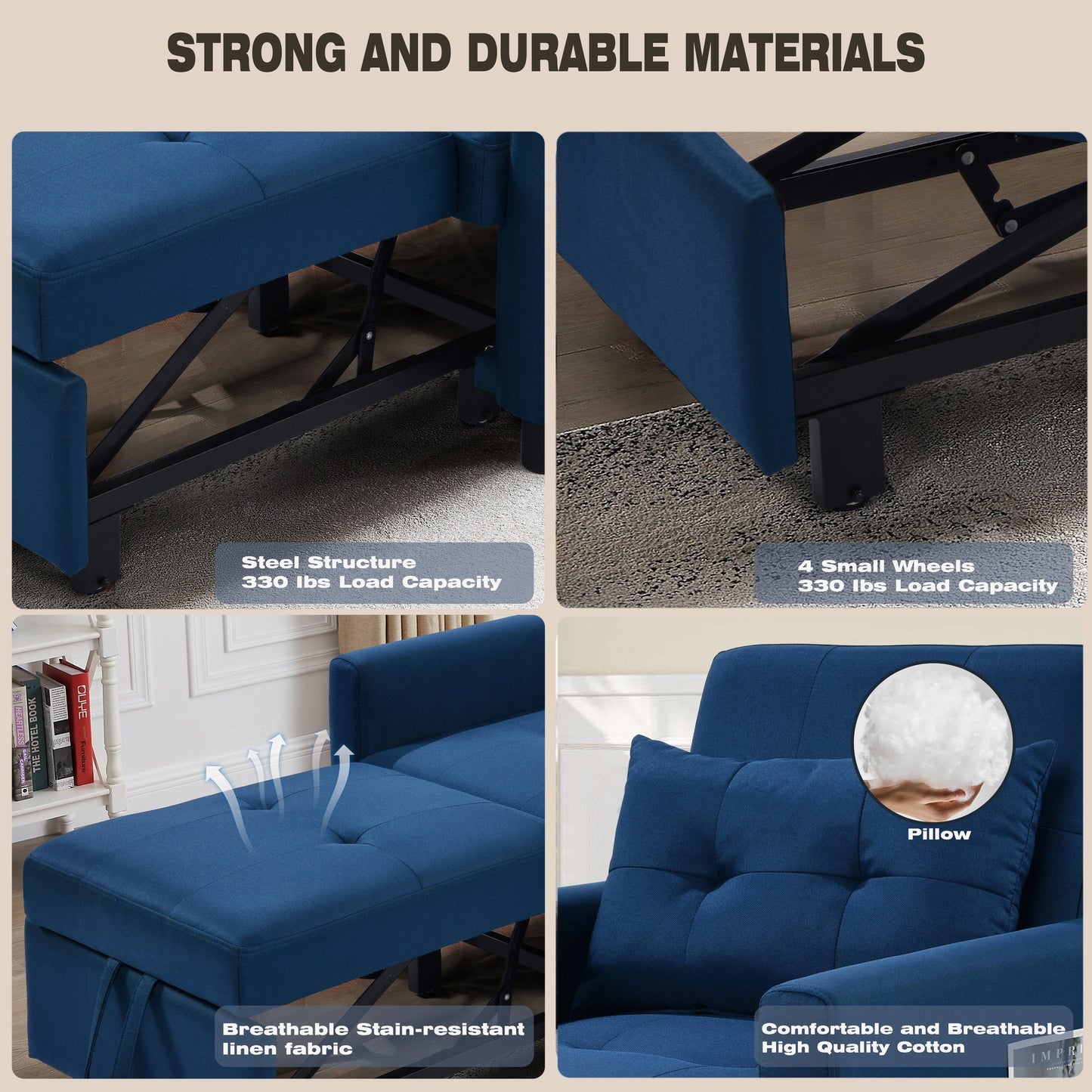 Navy Modern 27.5 3 in 1 Single Convertible Sofa Bed with Adjustable Back and Pillow for Living Room