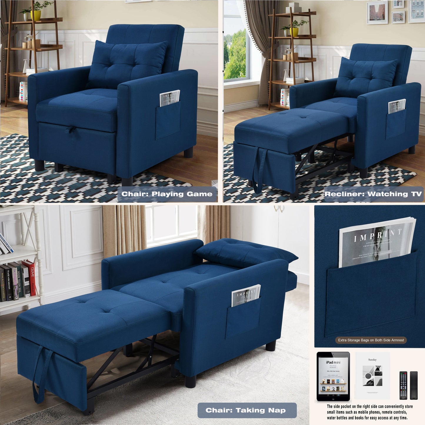 Navy Modern 27.5 3 in 1 Single Convertible Sofa Bed with Adjustable Back and Pillow for Living Room