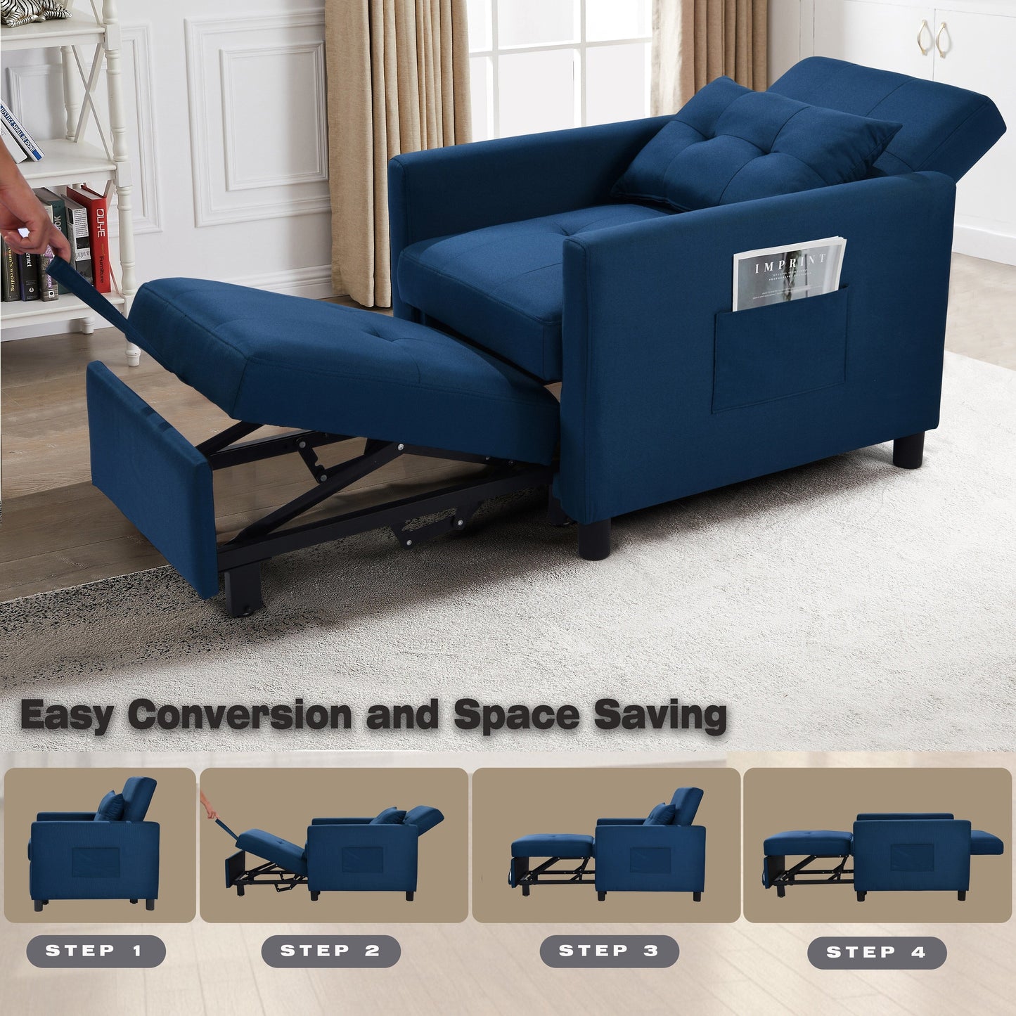 Navy Modern 27.5 3 in 1 Single Convertible Sofa Bed with Adjustable Back and Pillow for Living Room