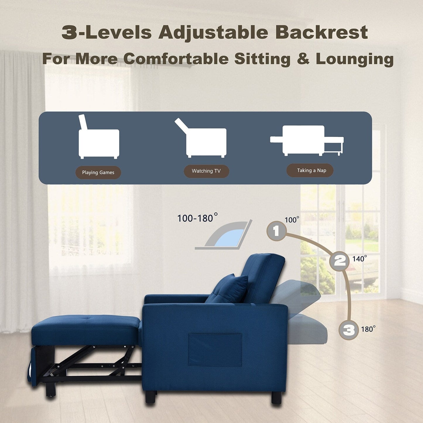 Navy Modern 27.5 3 in 1 Single Convertible Sofa Bed with Adjustable Back and Pillow for Living Room