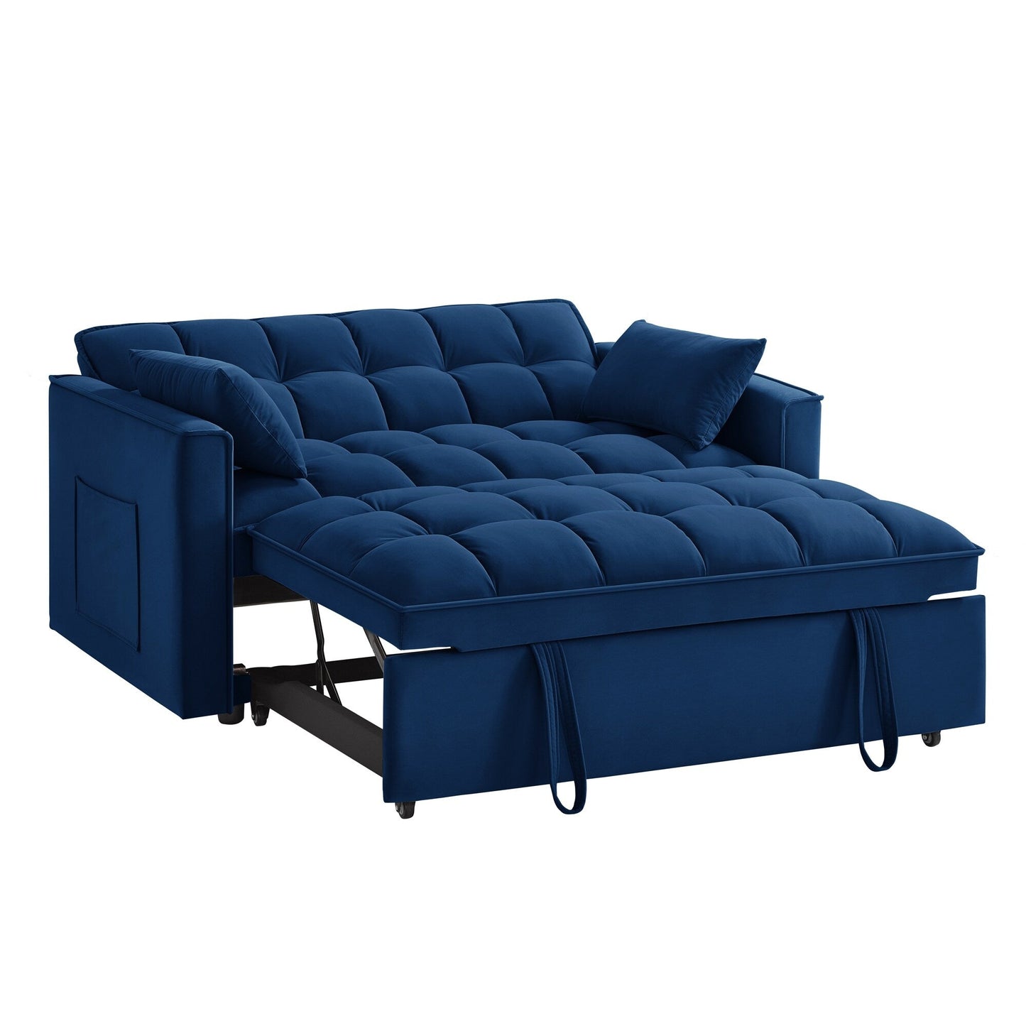 Navy Modern 52.5 Velvet 4 in1 Loveseat Multi-Function Tufted Pull-Out Sofa Bed with Adjustable Backrest and Pillows