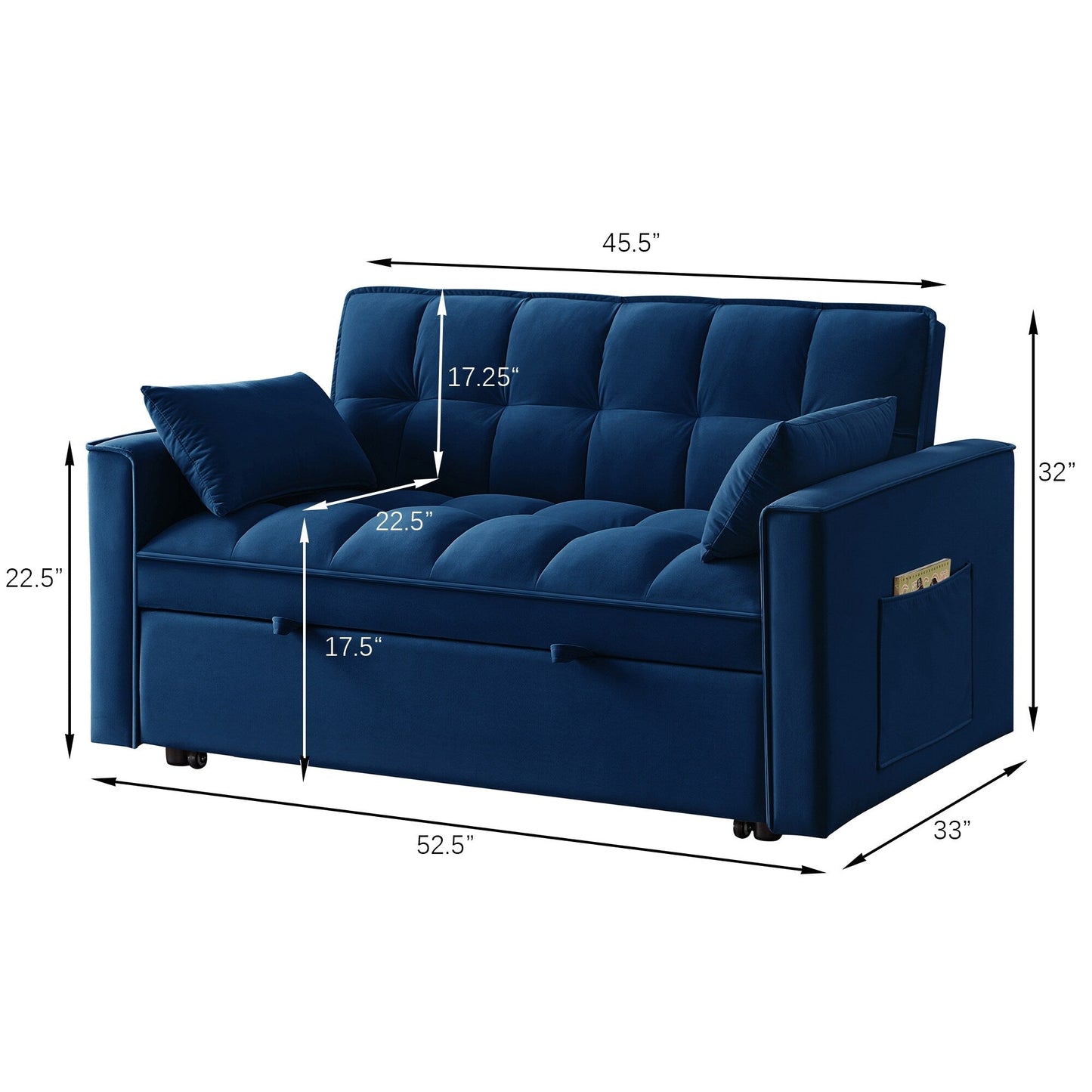 Navy Modern 52.5 Velvet 4 in1 Loveseat Multi-Function Tufted Pull-Out Sofa Bed with Adjustable Backrest and Pillows