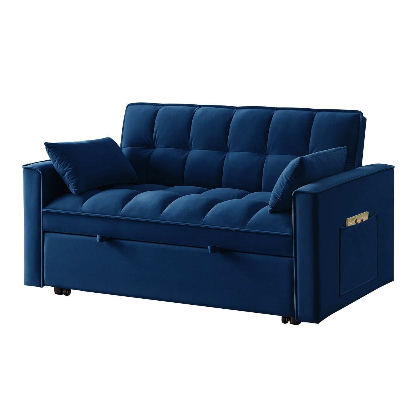 Navy Modern 52.5 Velvet 4 in1 Loveseat Multi-Function Tufted Pull-Out Sofa Bed with Adjustable Backrest and Pillows