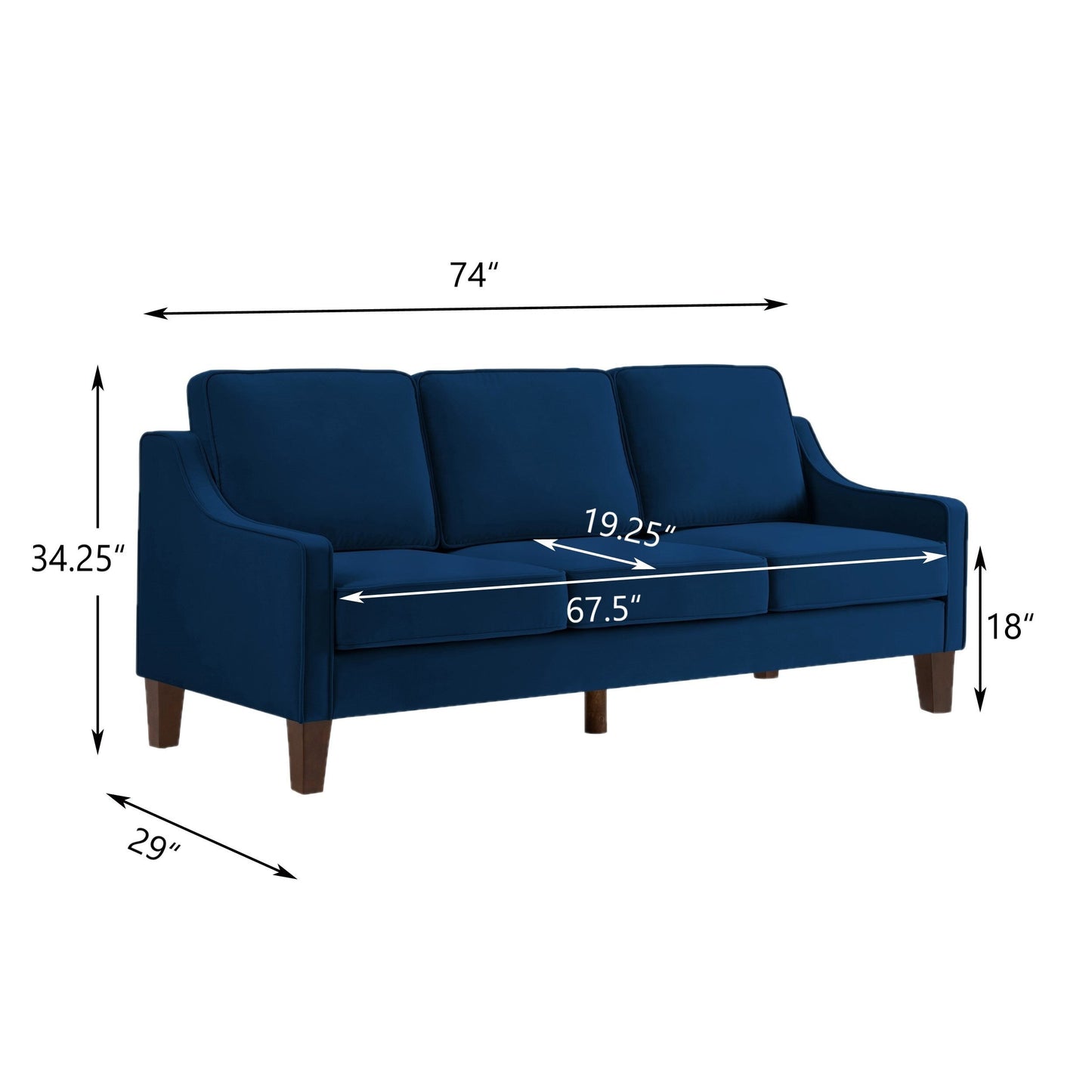 Navy Modern 74 Velvet 3-seater Upholstered Sofa with Scooped Armrest and Removable Cushions for Living Room