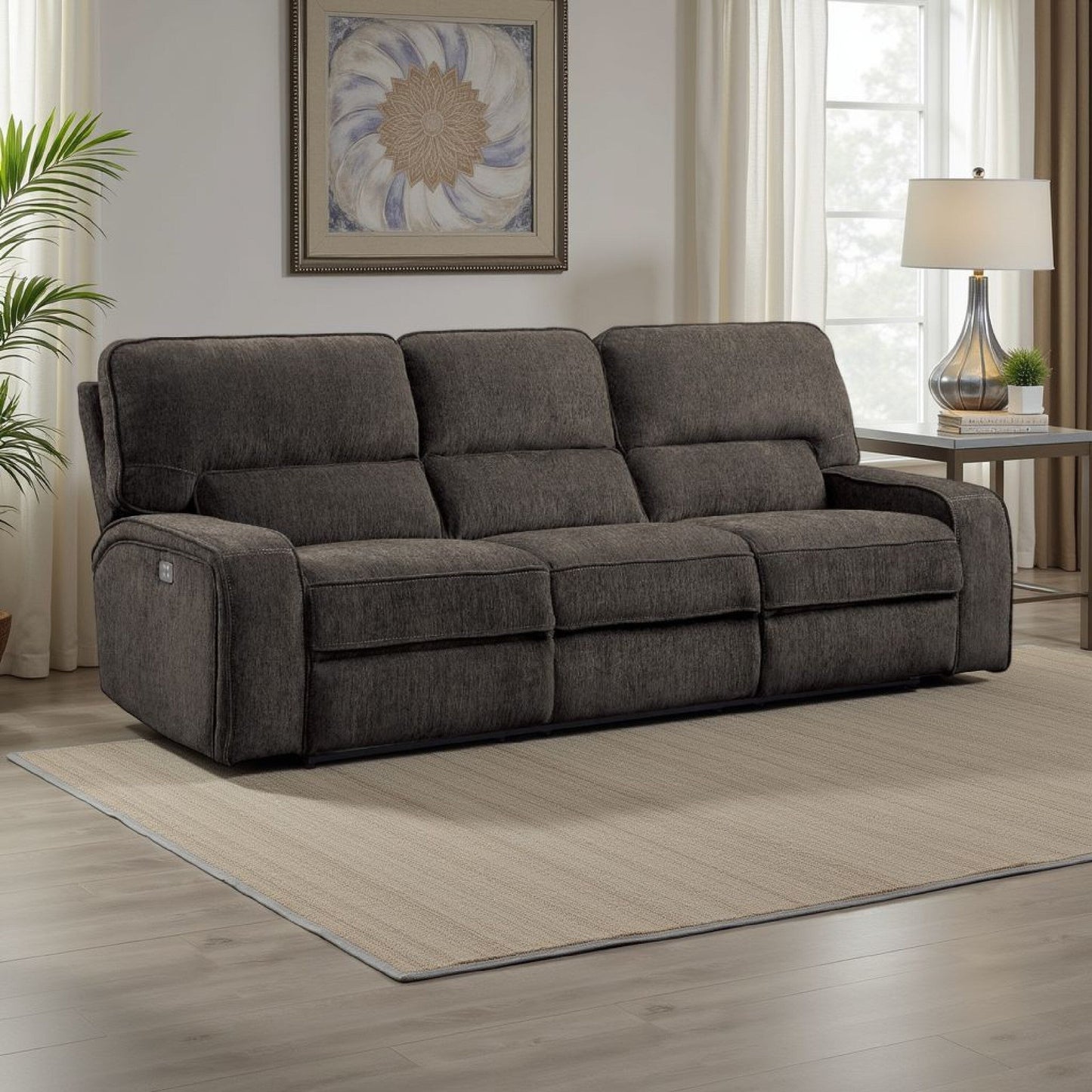 Neo Power Reclining Sofa with USB, Light Gray Chenille, 99 Inch