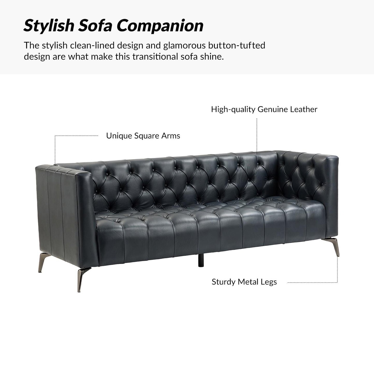Nestor Transitional Genuine Leather Sofa with Metal Legs and Tufted Back