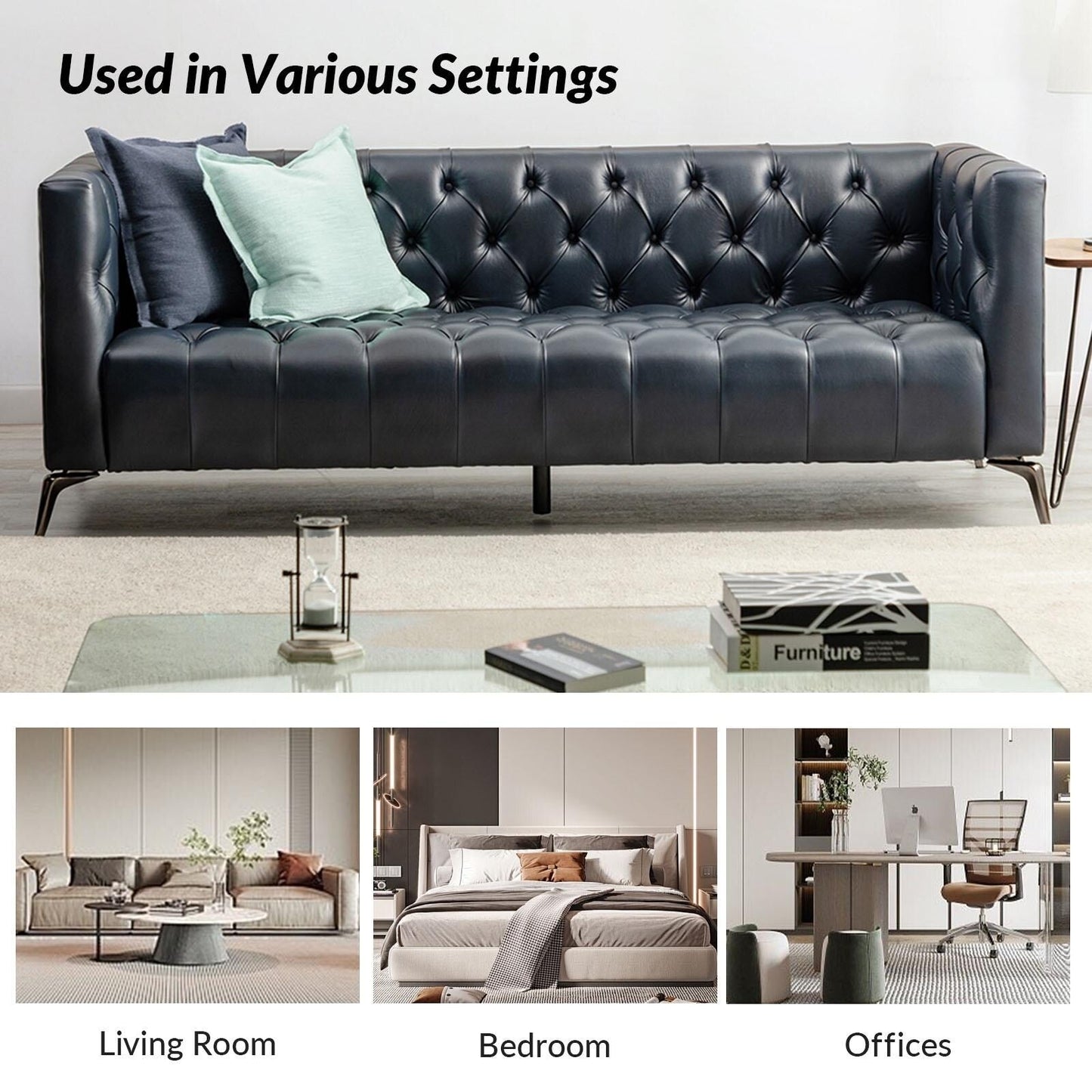 Nestor Transitional Genuine Leather Sofa with Metal Legs and Tufted Back