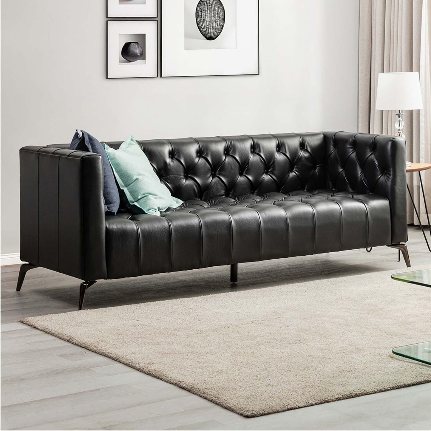 Nestor Transitional Genuine Leather Sofa with Metal Legs and Tufted Back