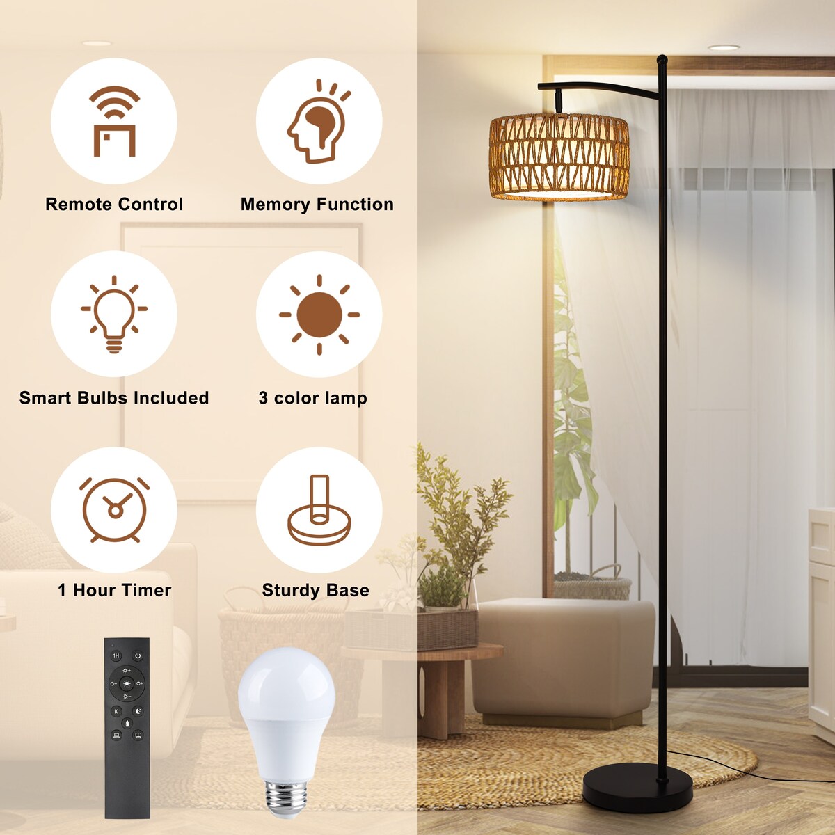 Dimmbare LED-Stehlampe „Netin 66“ mit gewölbter Form und Fernbedienung – N/A