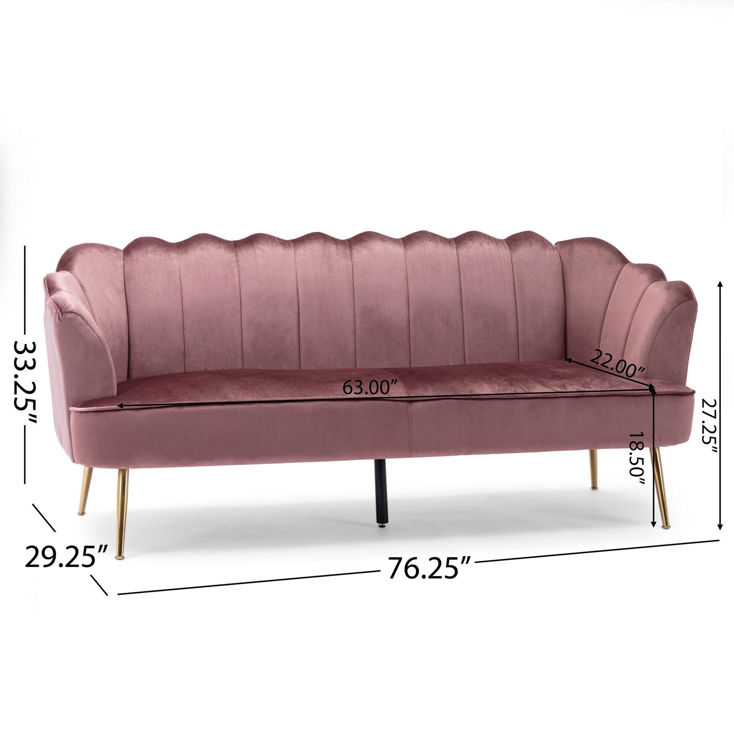 Nika Sofa, 3 Seater, Channel Stitching, 76 Inch, Blush Pink Velvet