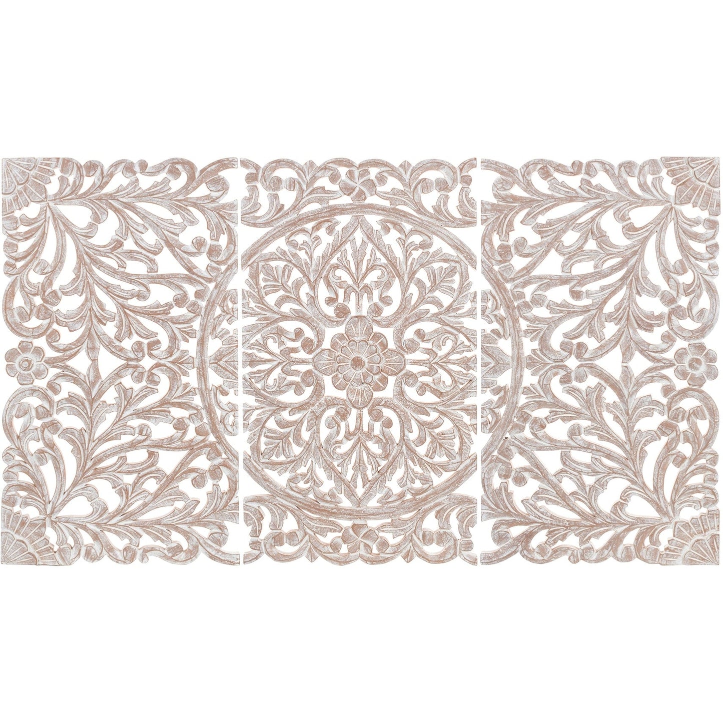 Norma Floral, handgeschnitztes Wandbild aus Naturholz, 122 x 71 cm, 3-teilig