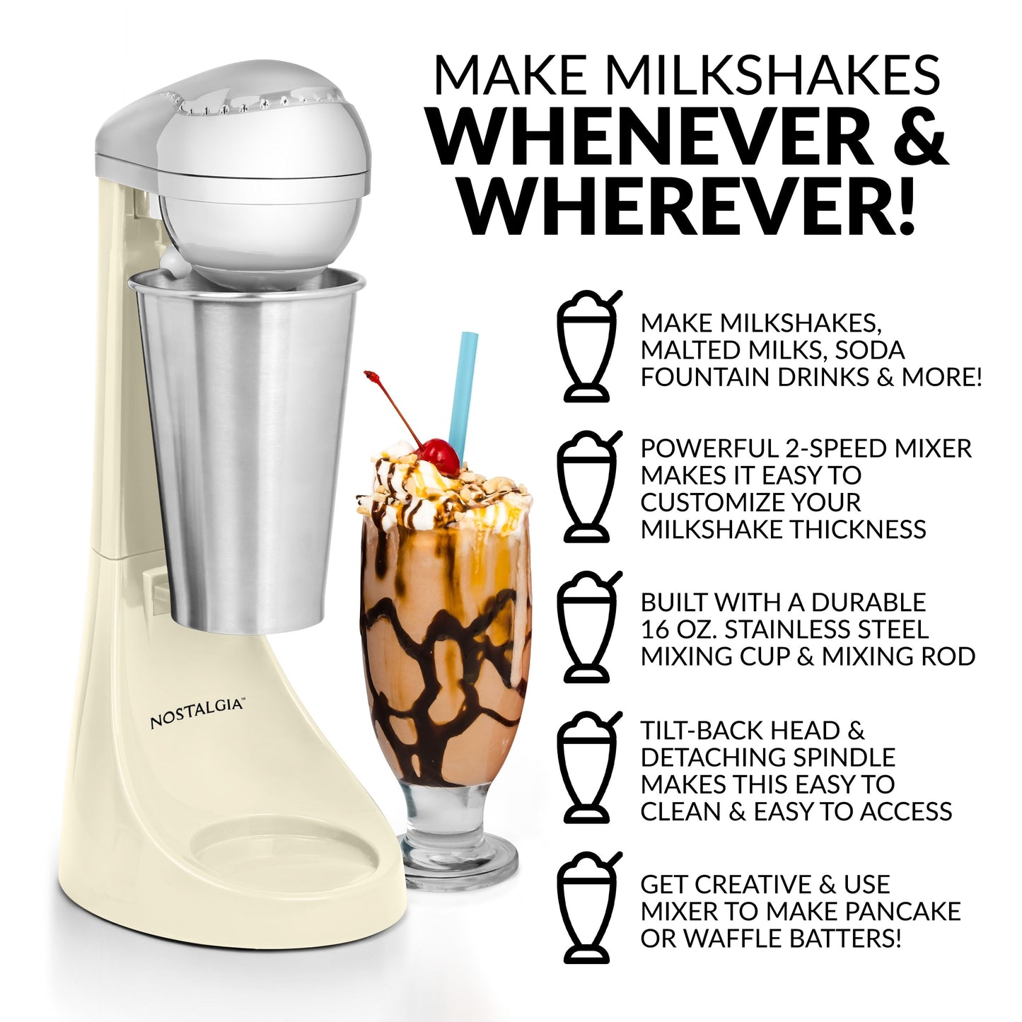 Nostalgia Elektrischer Milchshake-Maker und Getränkemixer mit zwei Geschwindigkeiten