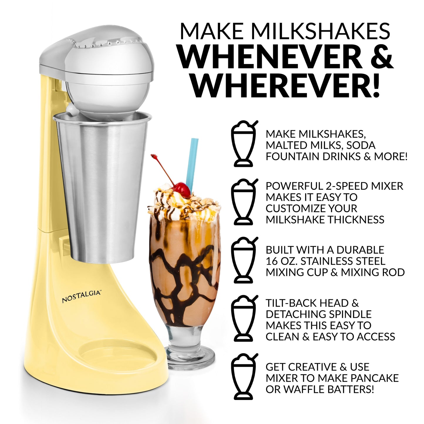 Nostalgia Elektrischer Milchshake-Maker und Getränkemixer mit zwei Geschwindigkeiten