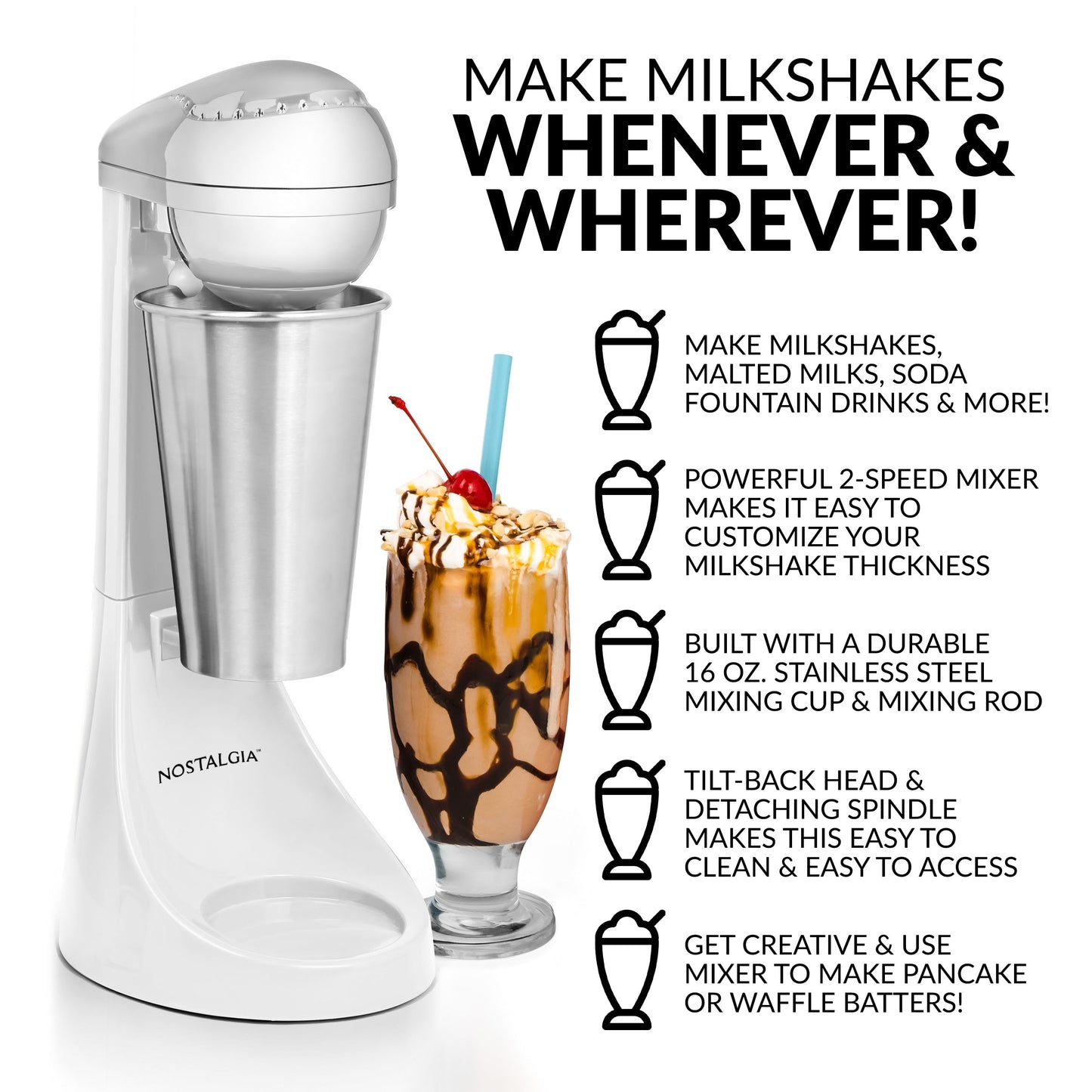 Nostalgia Elektrischer Milchshake-Maker und Getränkemixer mit zwei Geschwindigkeiten