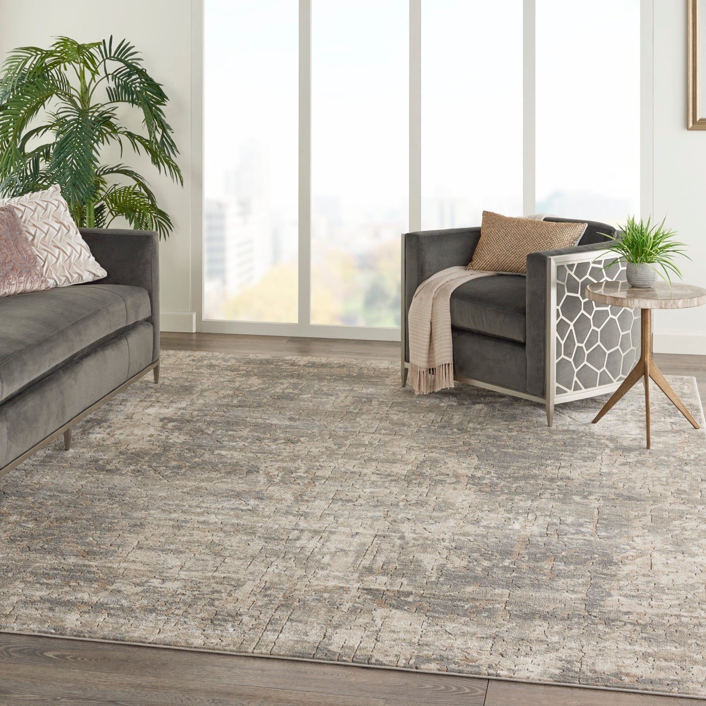 Nourison Concerto Distressed Abstract Beige Grau Area Teppich
