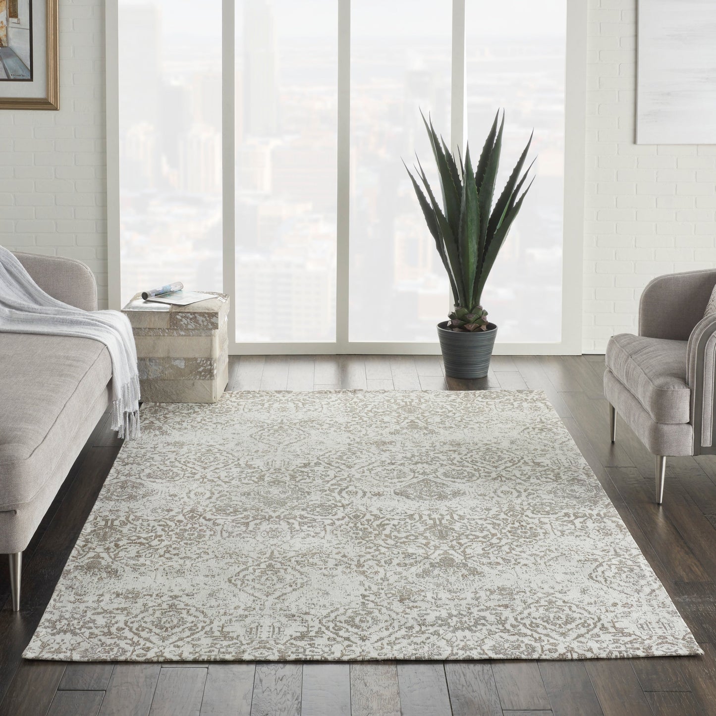 Nourison Damask Distressed Contemporary Area Rug