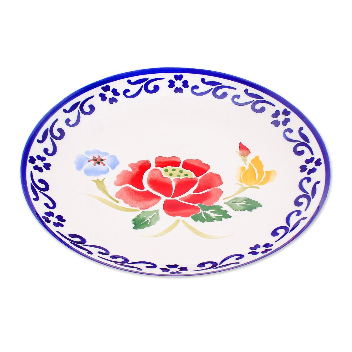 Novica Handgemachter Speiseteller aus Keramik mit Mohngarten in Blau