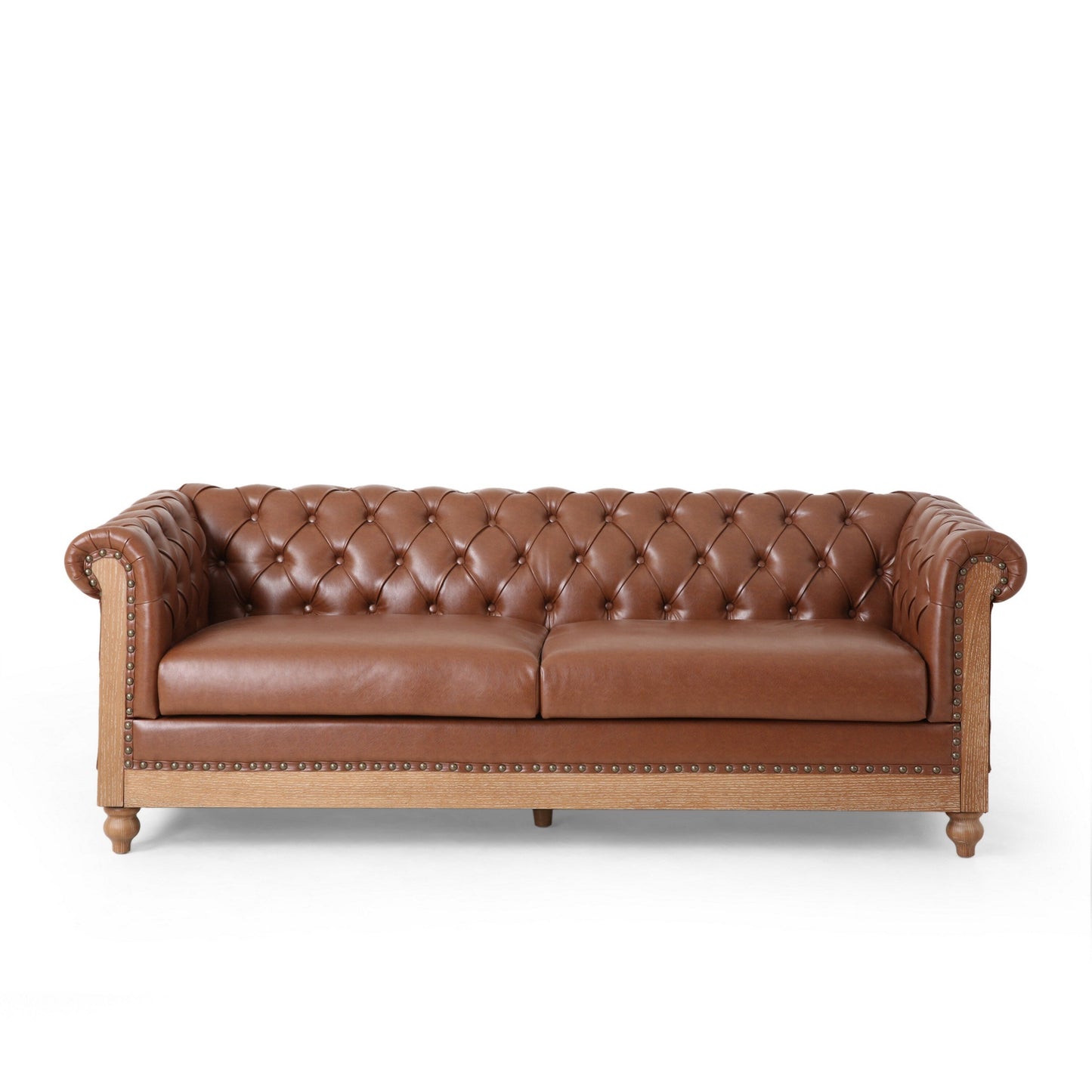 Ober Sofa, Rivets and Chesterfield Tufted Light Brown Faux Leather, 79 Inch