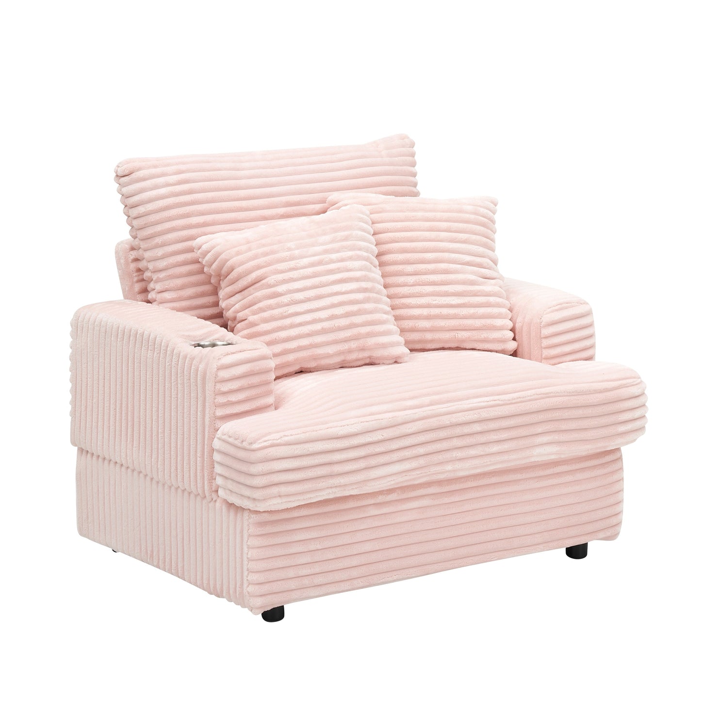 Pink Corduroy Armchair Sofa with Ottoman and Cup Holder