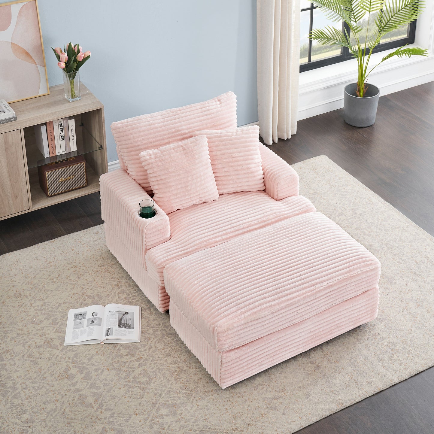 Pink Corduroy Armchair Sofa with Ottoman and Cup Holder