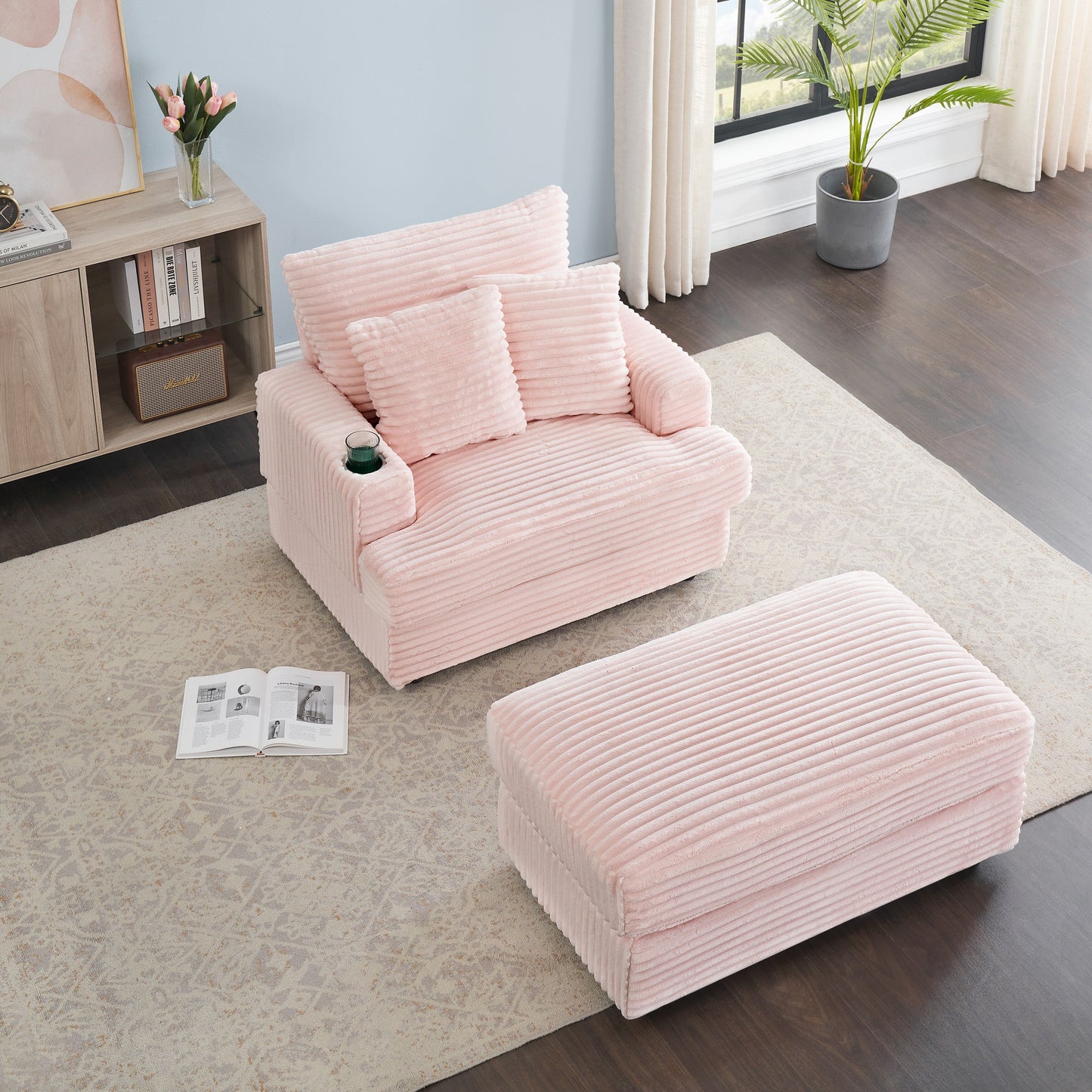 Pink Corduroy Armchair Sofa with Ottoman and Cup Holder