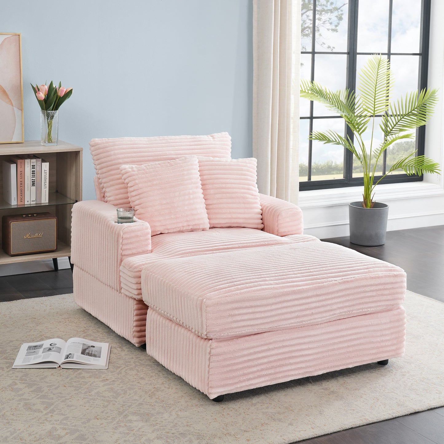 Pink Corduroy Armchair Sofa with Ottoman and Cup Holder