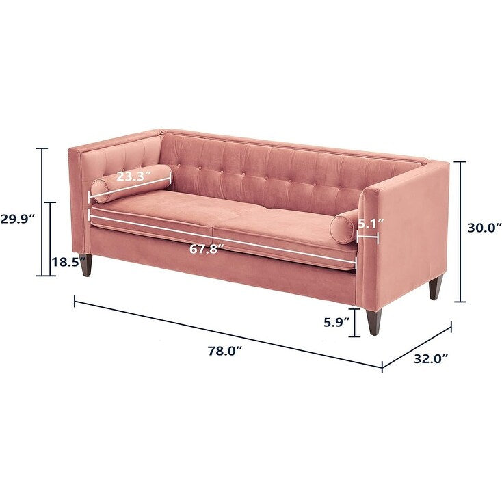 Rosa Mid-Century Modern 78 Samt-Loveseat-Sofa mit Knopfheftung, Nackenrollen und Holzbeinen für das Wohnzimmer