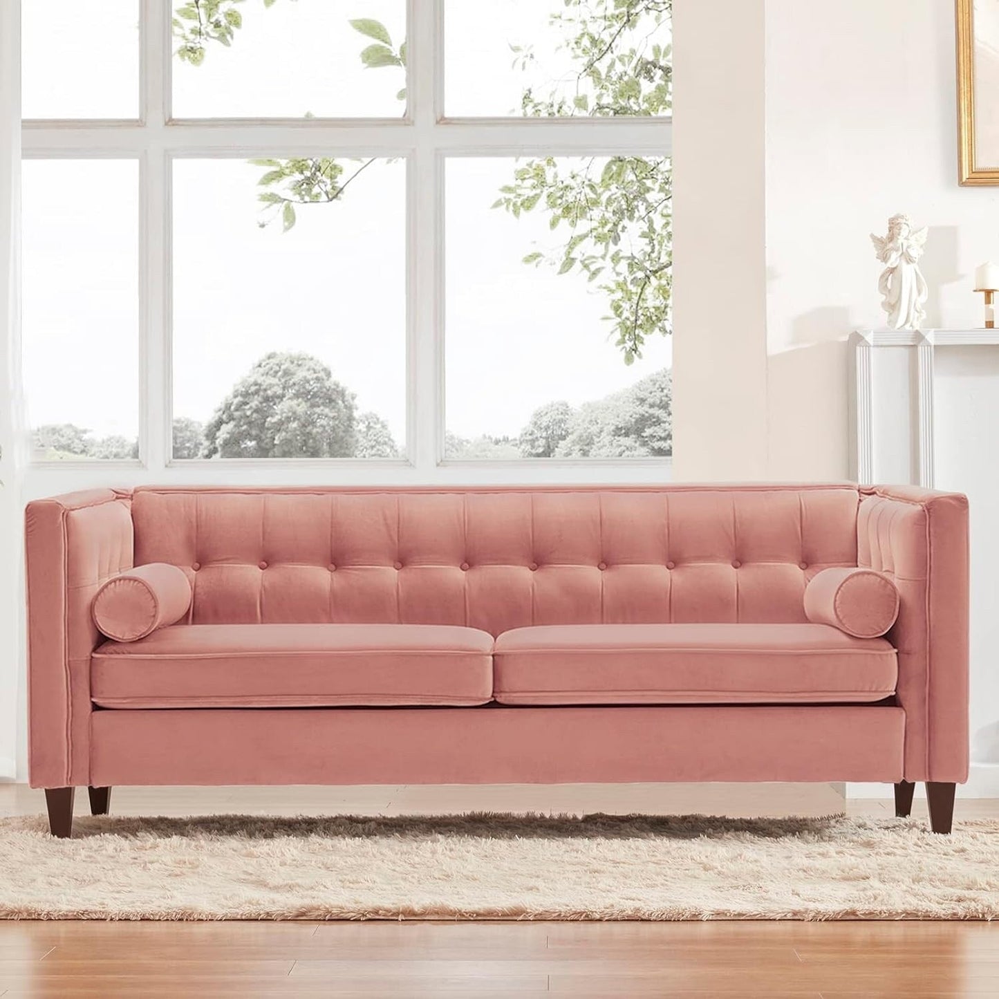 Rosa Mid-Century Modern 78 Samt-Loveseat-Sofa mit Knopfheftung, Nackenrollen und Holzbeinen für das Wohnzimmer