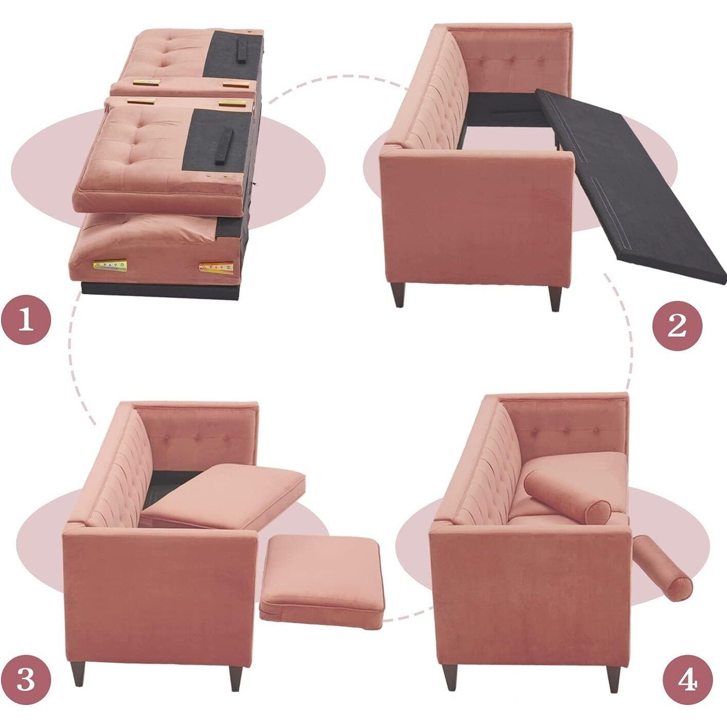 Rosa Mid-Century Modern 78 Samt-Loveseat-Sofa mit Knopfheftung, Nackenrollen und Holzbeinen für das Wohnzimmer