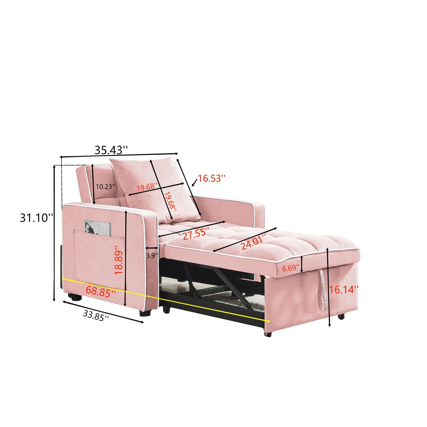 Pink Modern 35.43 3 in 1 Single Velvet Sofa Bed with Adjustable Back and Pocket for Living Room