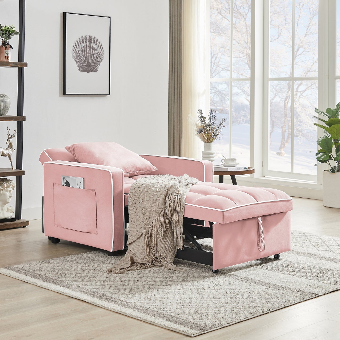 Pink Modern 35.43 3 in 1 Single Velvet Sofa Bed with Adjustable Back and Pocket for Living Room