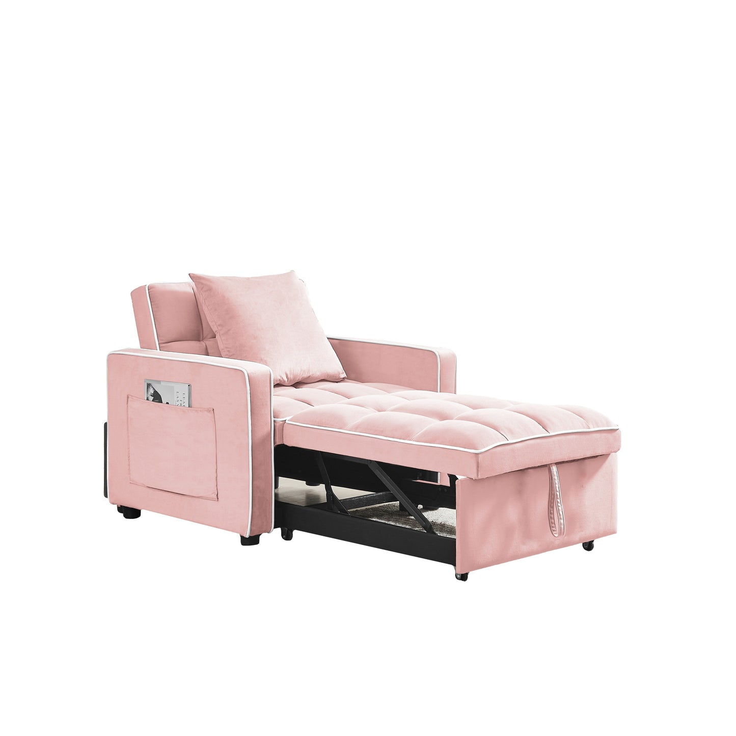Pink Modern 35.43 3 in 1 Single Velvet Sofa Bed with Adjustable Back and Pocket for Living Room
