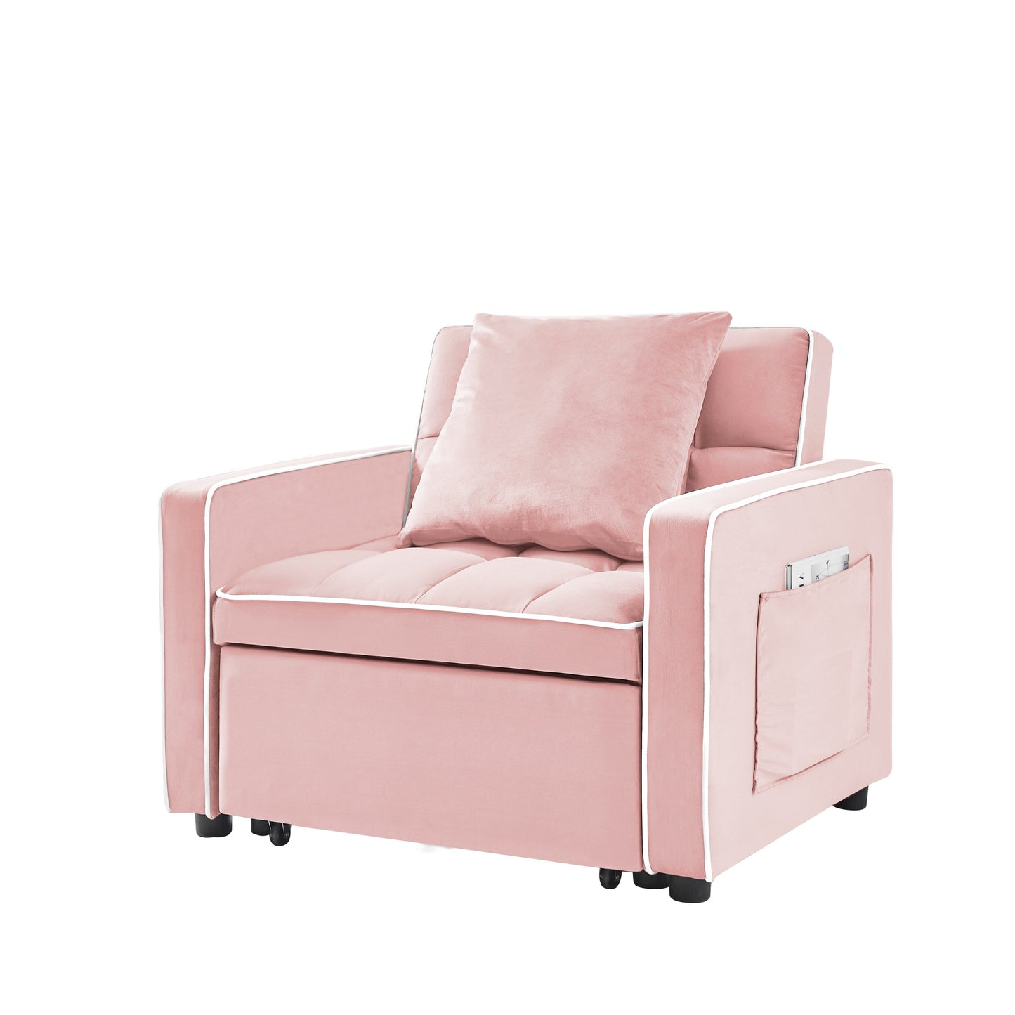 Pink Modern 35.43 3 in 1 Single Velvet Sofa Bed with Adjustable Back and Pocket for Living Room
