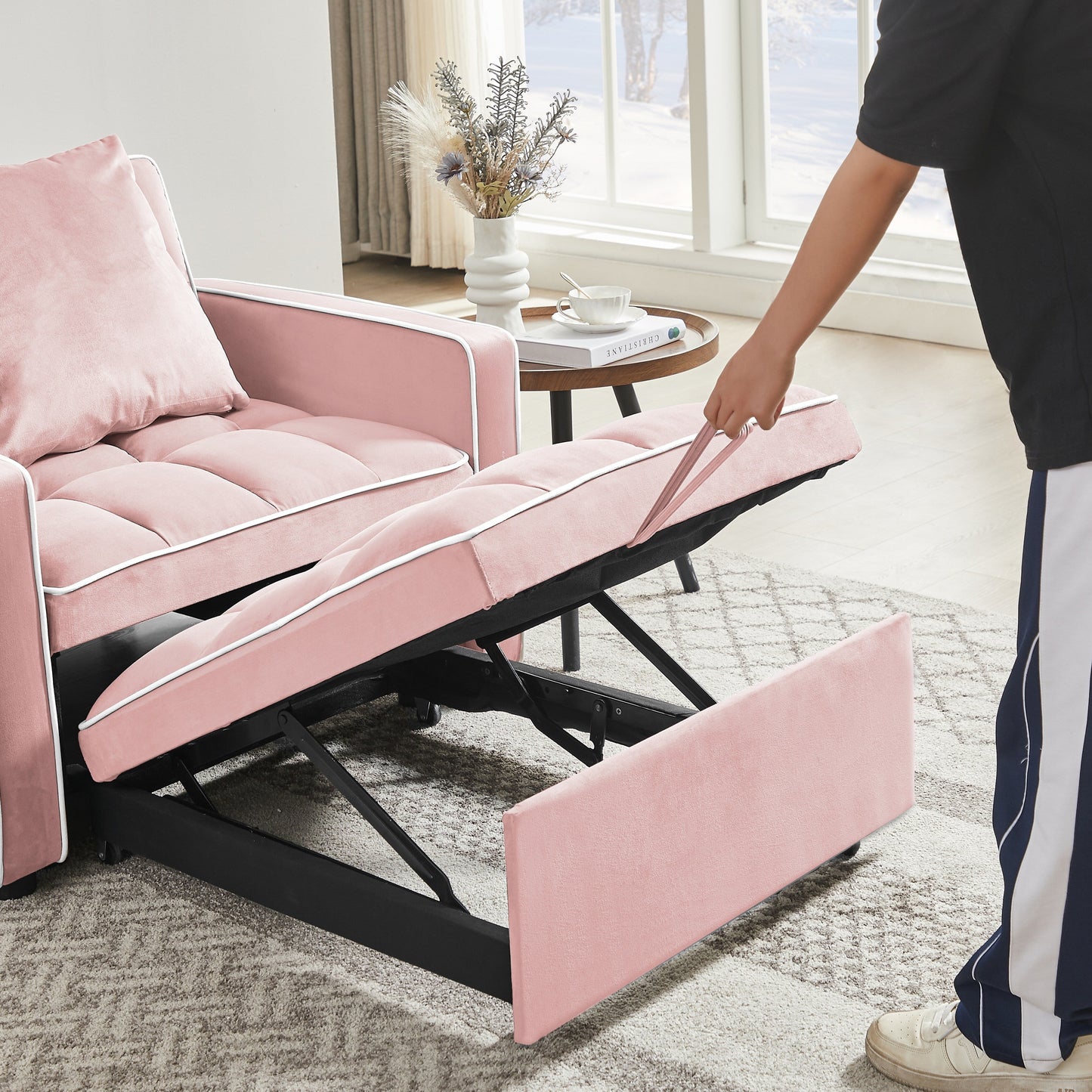 Pink Modern 35.43 3 in 1 Single Velvet Sofa Bed with Adjustable Back and Pocket for Living Room
