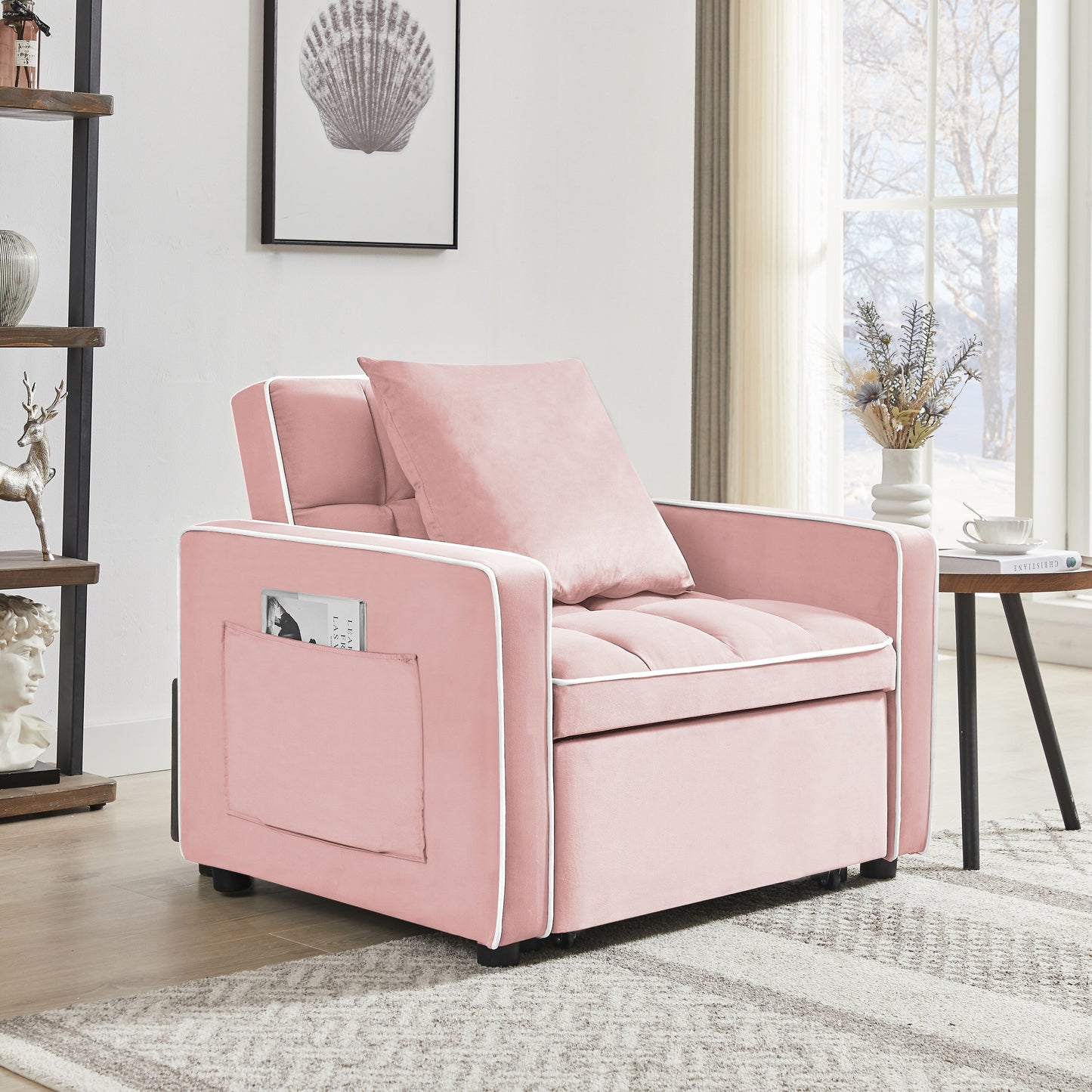 Pink Modern 35.43 3 in 1 Single Velvet Sofa Bed with Adjustable Back and Pocket for Living Room