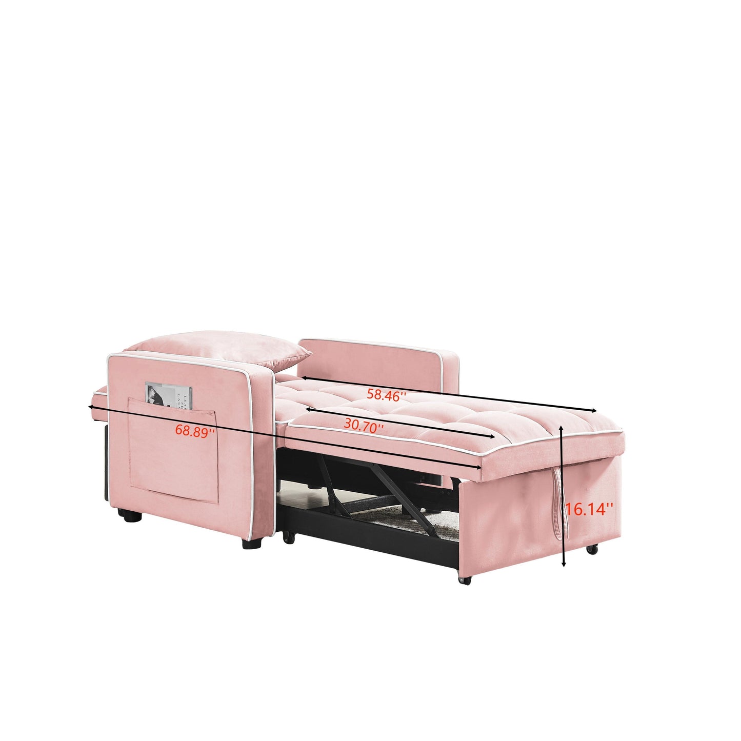 Pink Modern 35.43 3 in 1 Single Velvet Sofa Bed with Adjustable Back and Pocket for Living Room