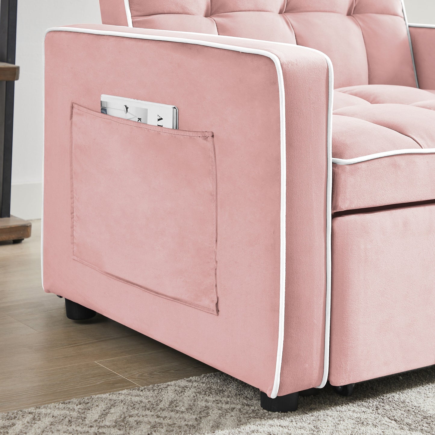 Pink Modern 35.43 3 in 1 Single Velvet Sofa Bed with Adjustable Back and Pocket for Living Room
