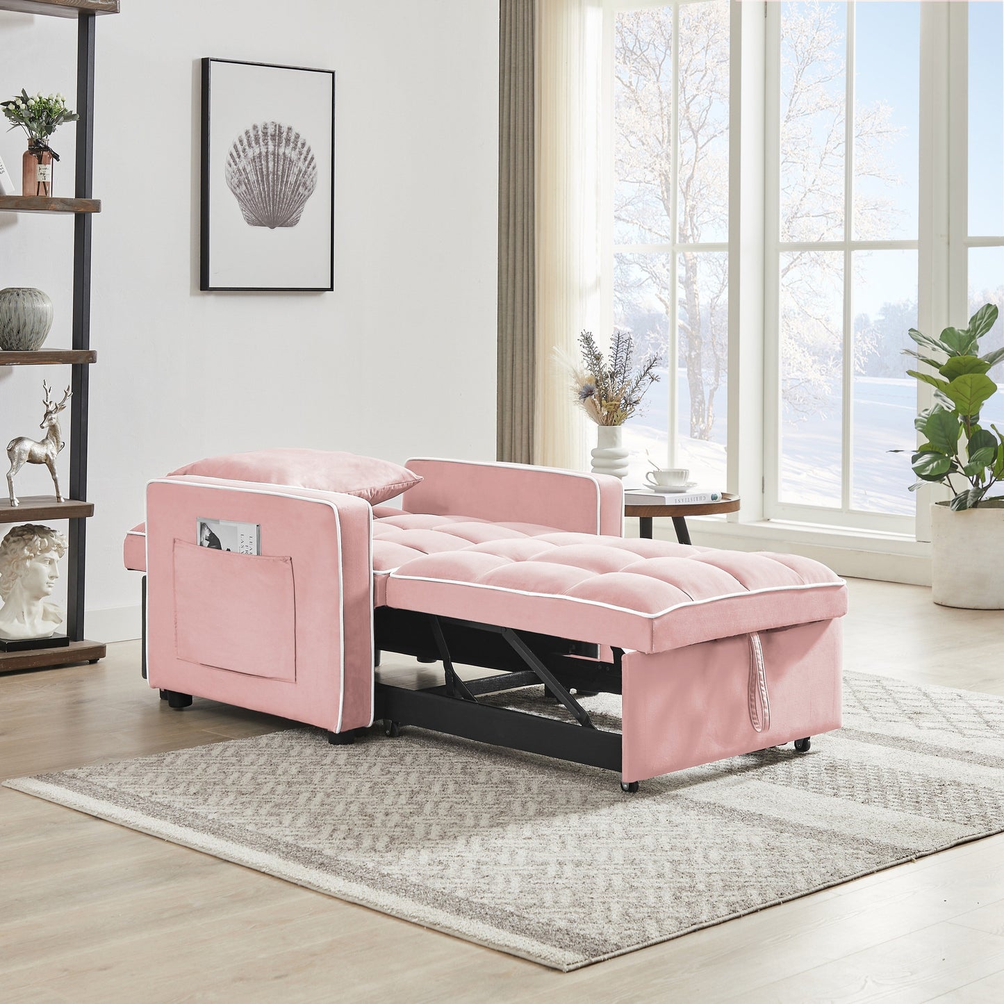 Pink Modern 35.43 3 in 1 Single Velvet Sofa Bed with Adjustable Back and Pocket for Living Room