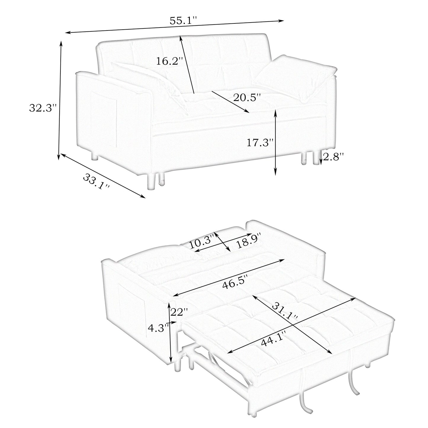 Pink Modern 54.3 Velvet Loveseat Pull-out Sofa Bed with Adjustable Back and Pillows for Living Room