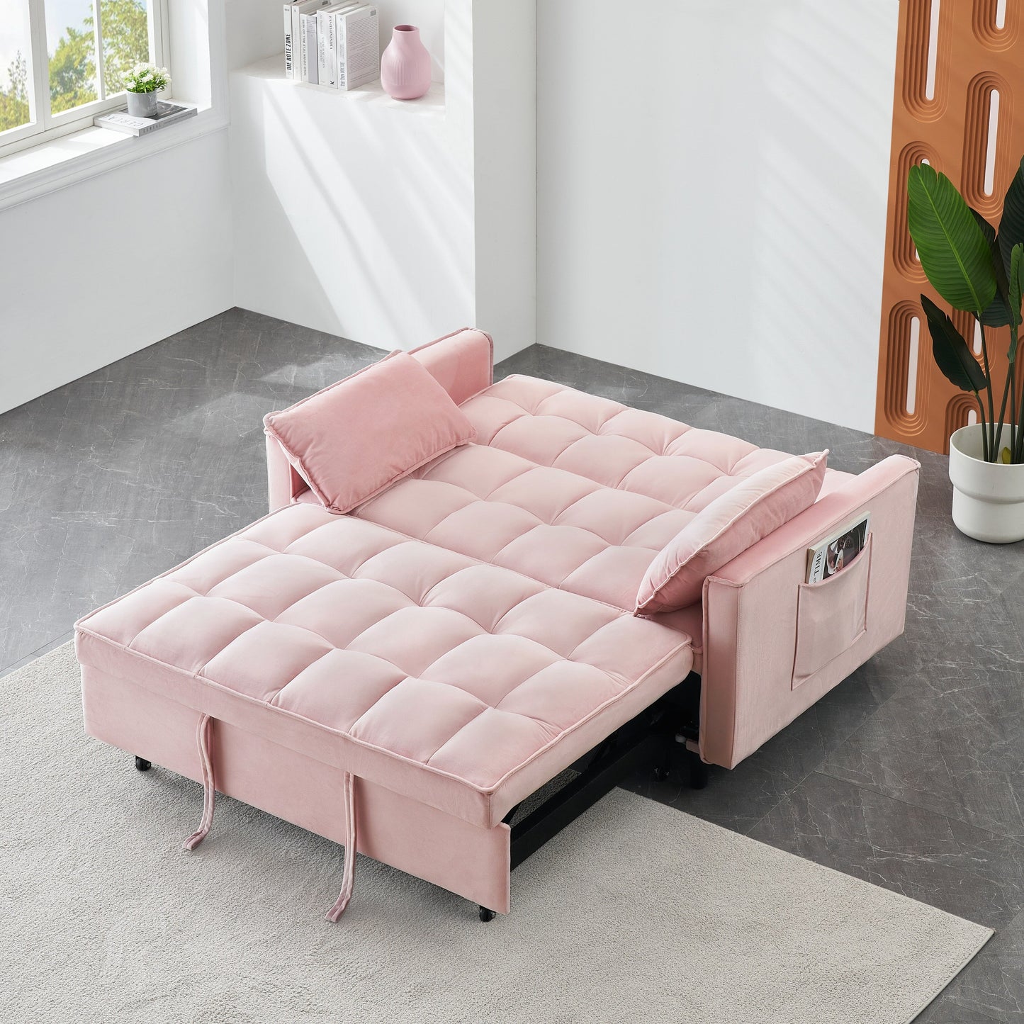 Pink Modern 54.3 Velvet Loveseat Pull-out Sofa Bed with Adjustable Back and Pillows for Living Room