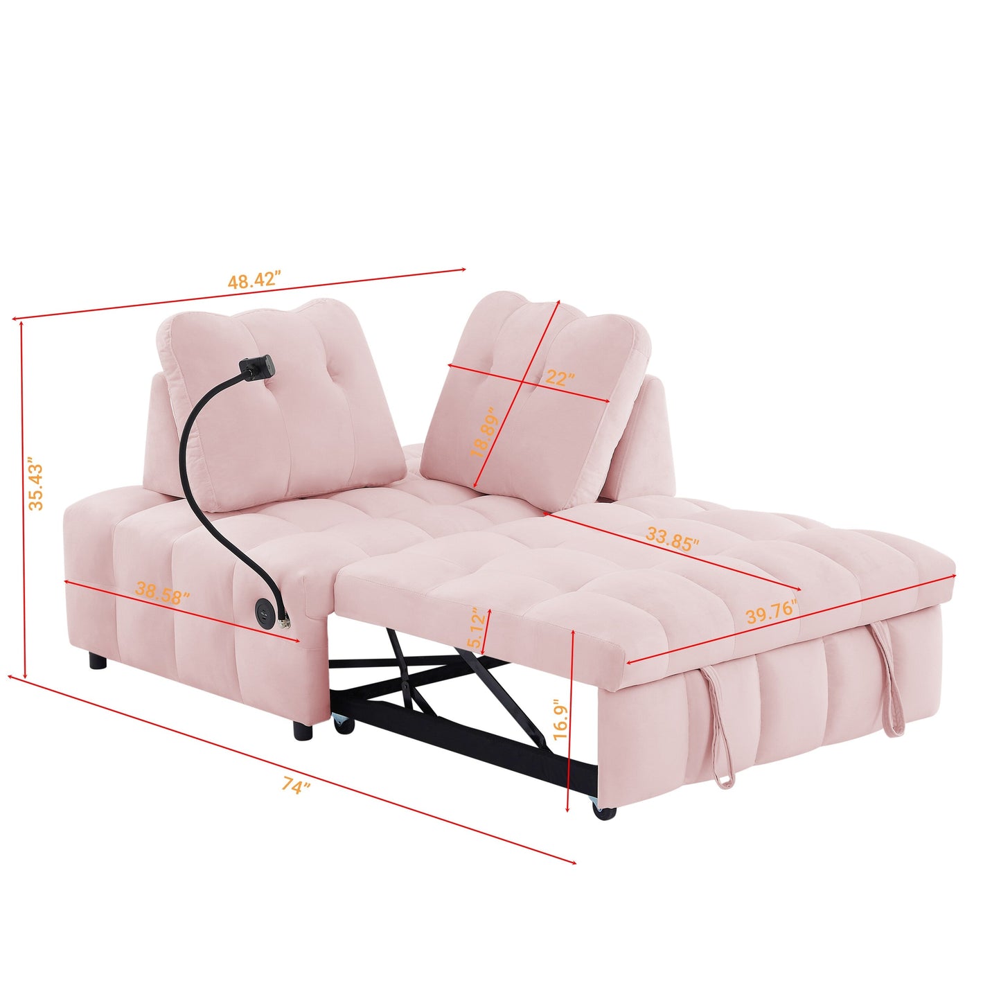 Pink Modern 74 Velvet Loveseat Removable Backrest Pull-Out Sofa Bed with USB Port and Swivel Phone Stand