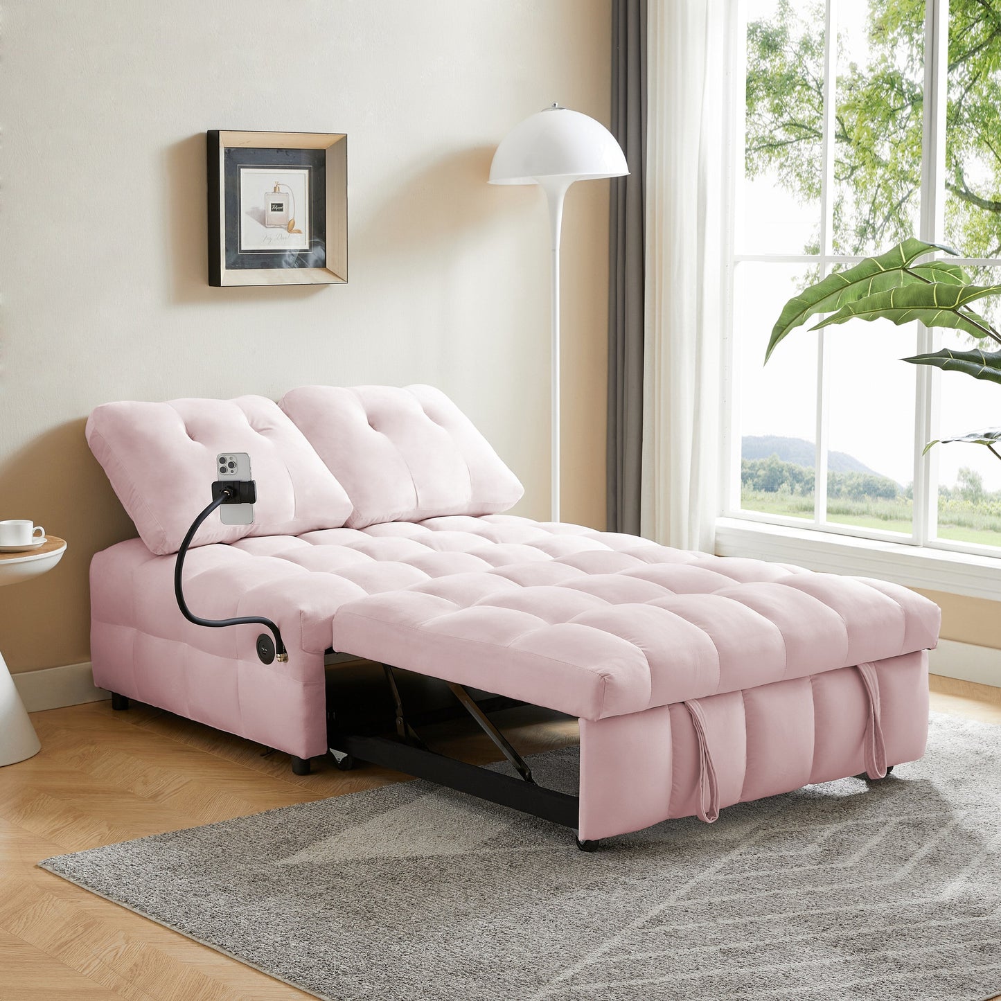 Pink Modern 74 Velvet Loveseat Removable Backrest Pull-Out Sofa Bed with USB Port and Swivel Phone Stand