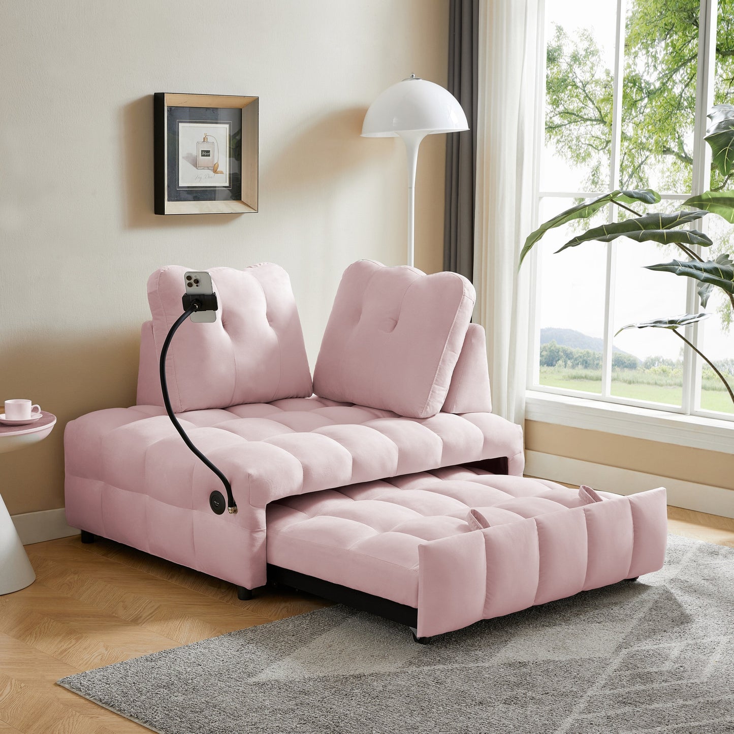 Pink Modern 74 Velvet Loveseat Removable Backrest Pull-Out Sofa Bed with USB Port and Swivel Phone Stand