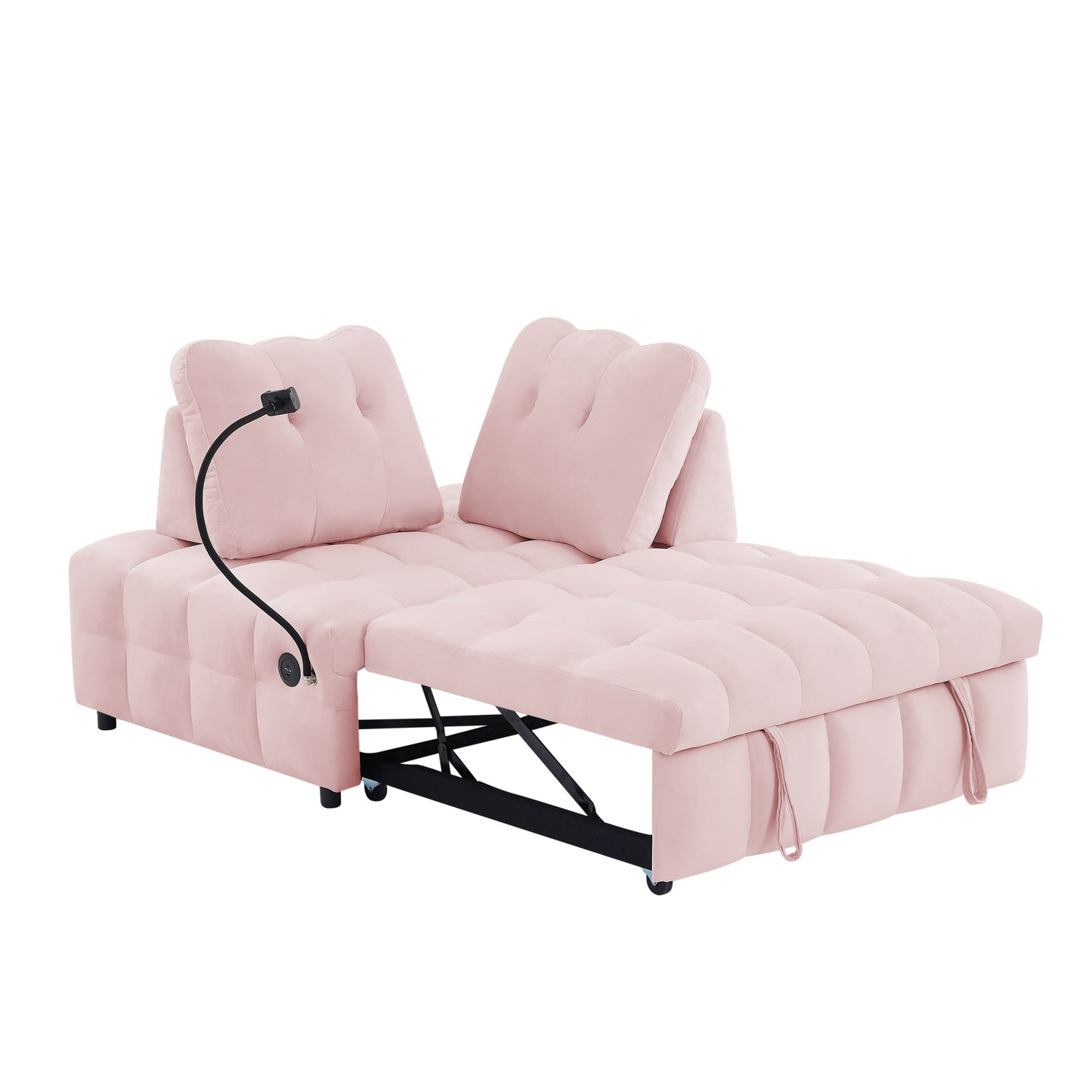 Pink Modern 74 Velvet Loveseat Removable Backrest Pull-Out Sofa Bed with USB Port and Swivel Phone Stand