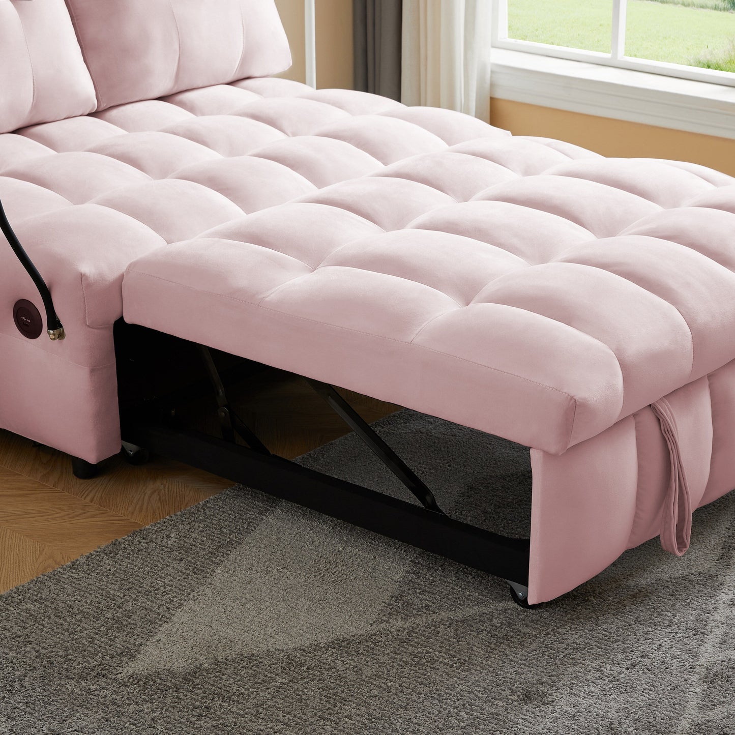 Pink Modern 74 Velvet Loveseat Removable Backrest Pull-Out Sofa Bed with USB Port and Swivel Phone Stand