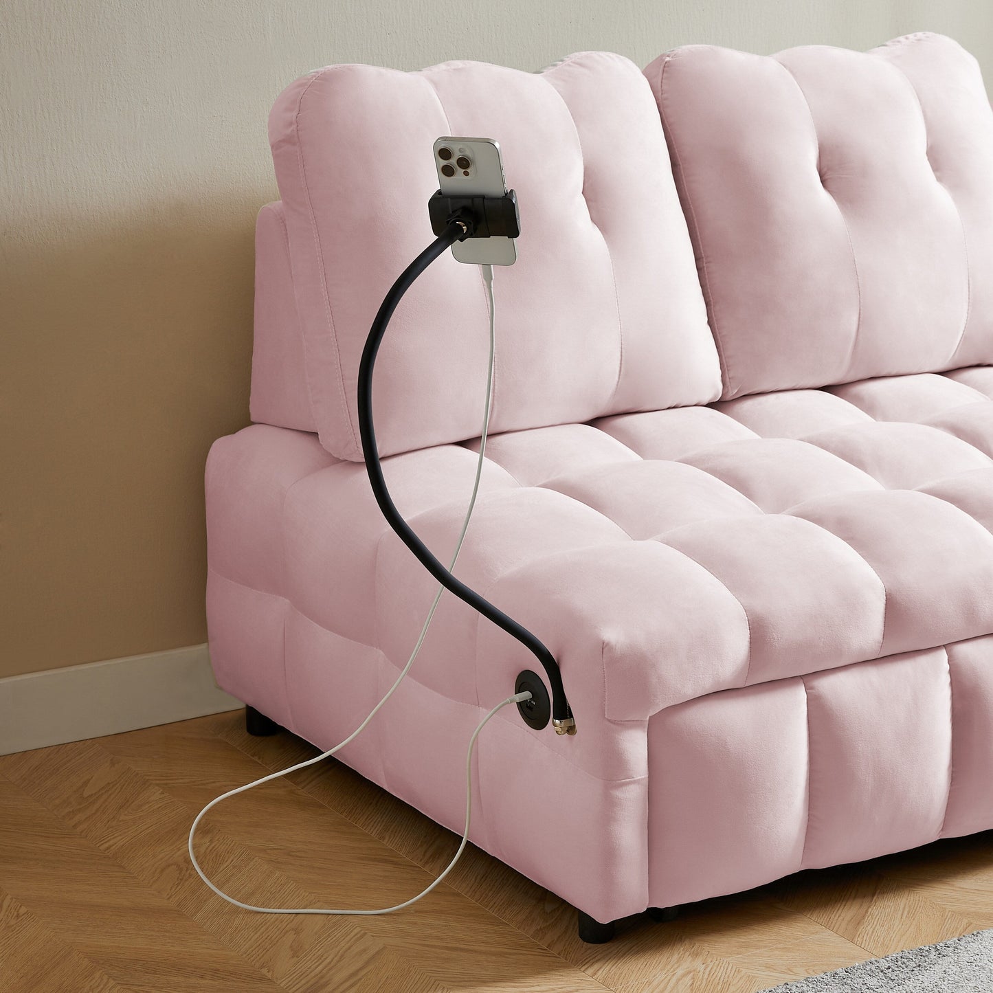 Pink Modern 74 Velvet Loveseat Removable Backrest Pull-Out Sofa Bed with USB Port and Swivel Phone Stand