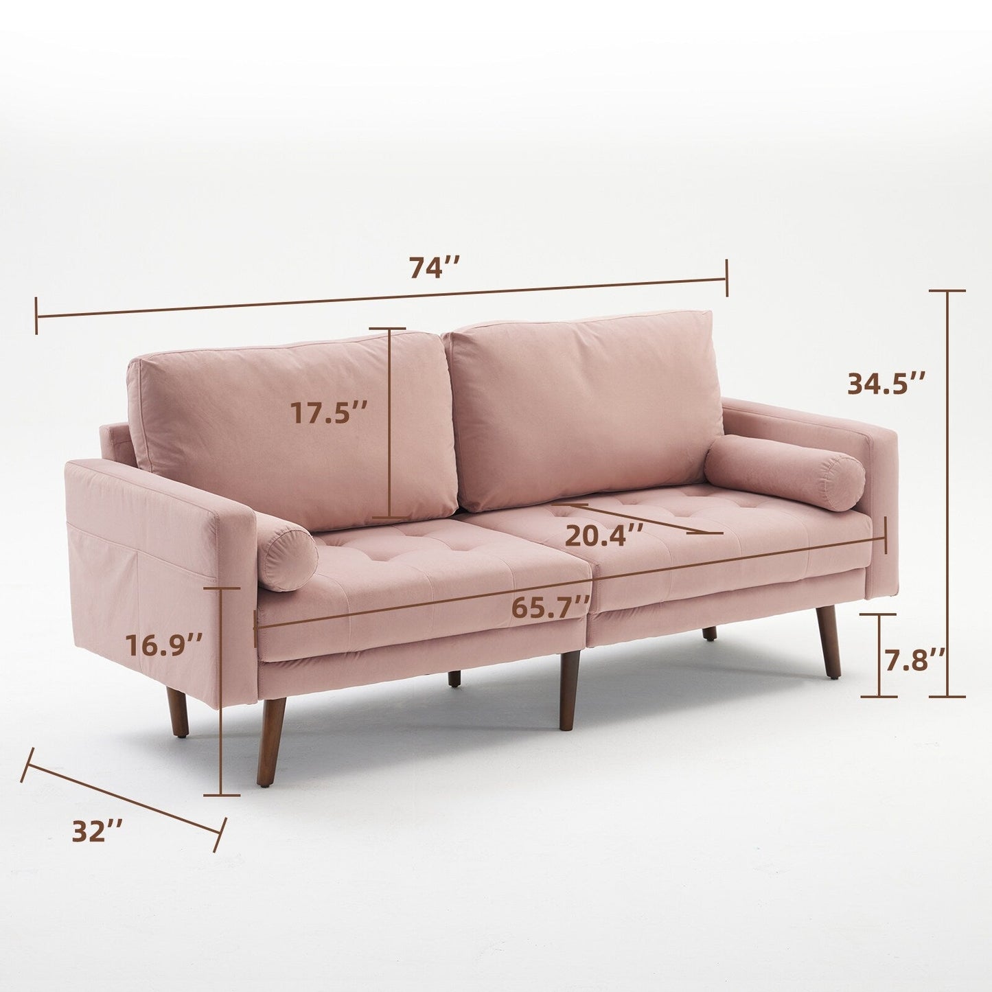 Modernes 3-Sitzer-Sofa aus Stoff in Rosa, 188 cm, mit Aufbewahrungstaschen, hochdichten Schaumstoffkissen, Beinen aus Massivholz