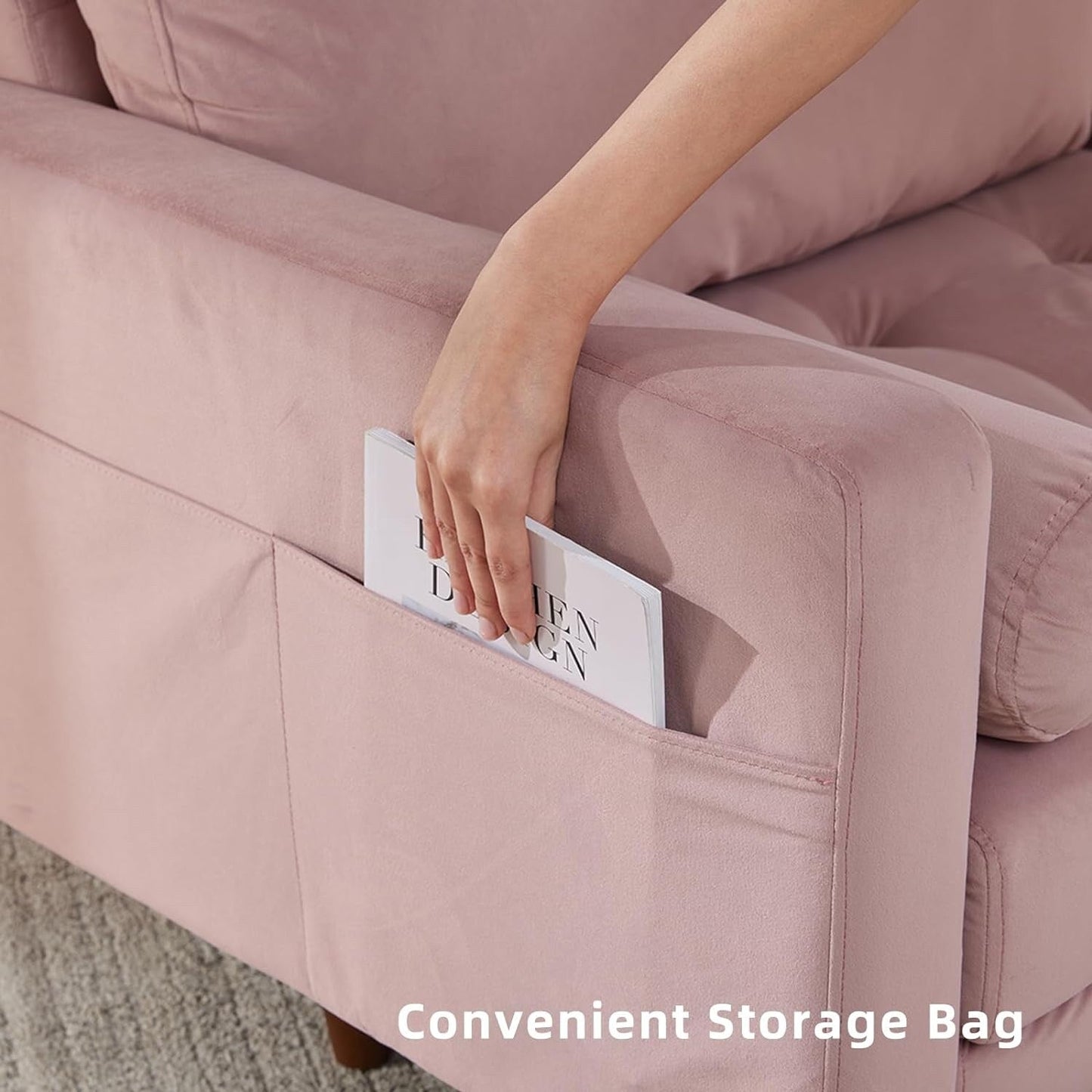 Modernes 3-Sitzer-Sofa aus Stoff in Rosa, 188 cm, mit Aufbewahrungstaschen, hochdichten Schaumstoffkissen und Beinen aus Massivholz